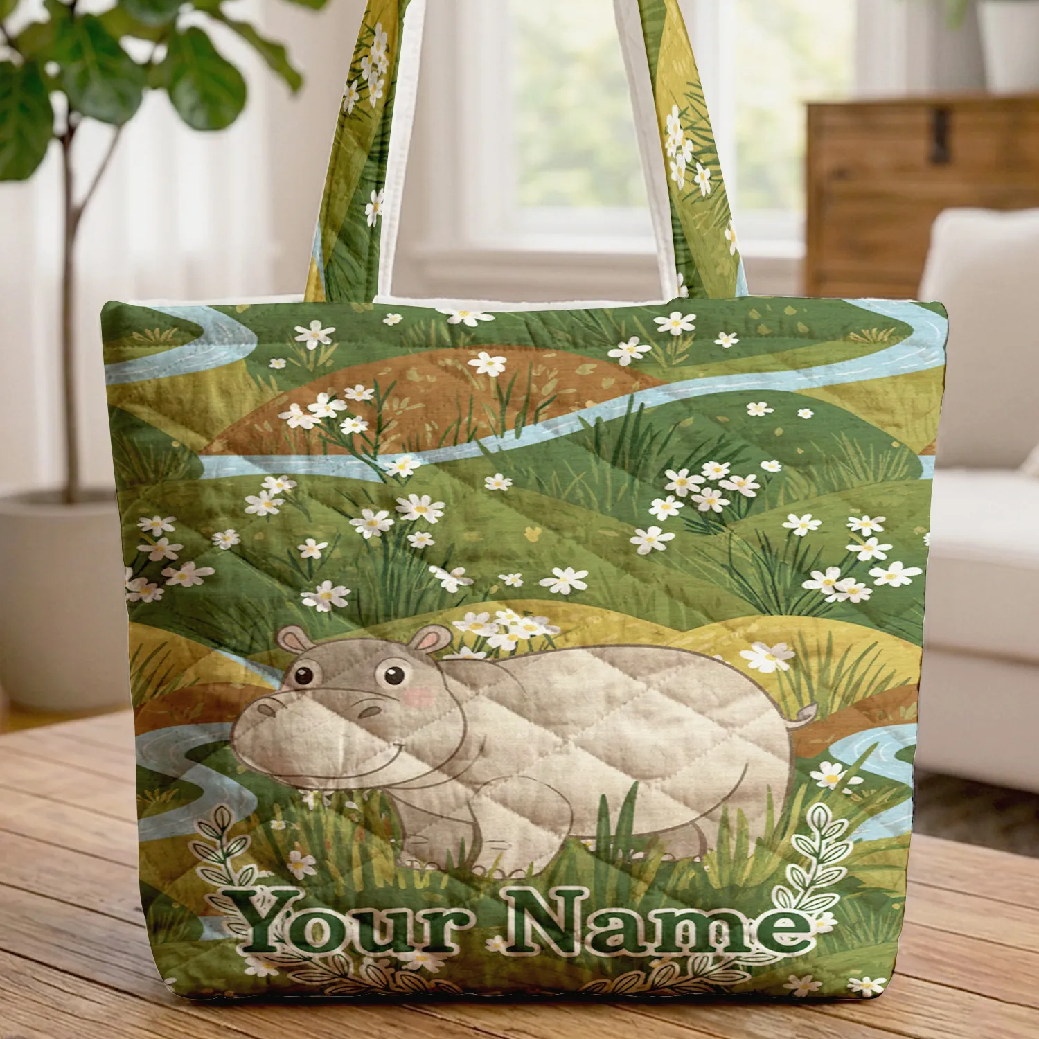 Charming Hippopotamus Floral Wreath Daisies Your Name - Wildlife Lover Gift Quilted Tote Bag - 1