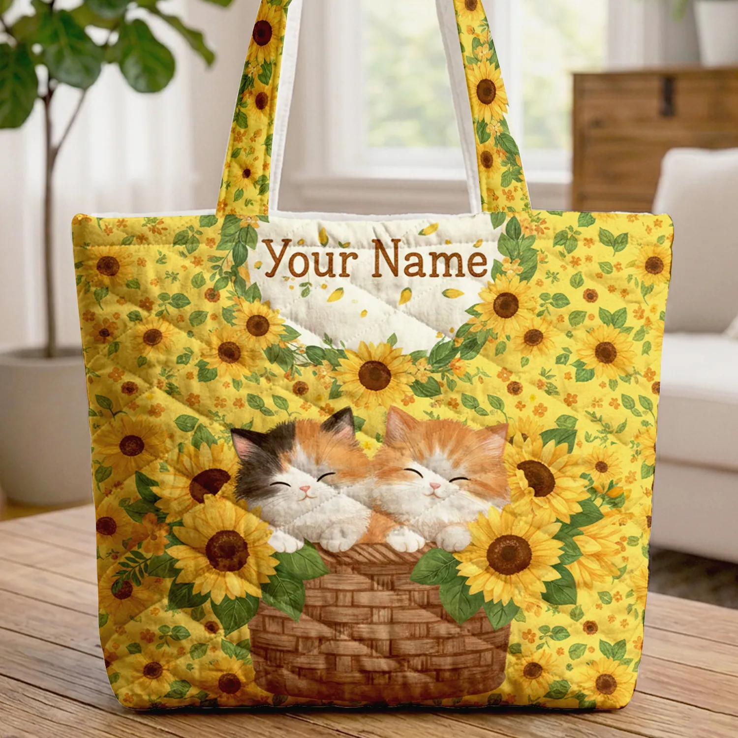 Sleeping Calico Kittens Sunflower Wreath - Personalized Cat Lover Everyday Tote Quilted Tote Bag - 1