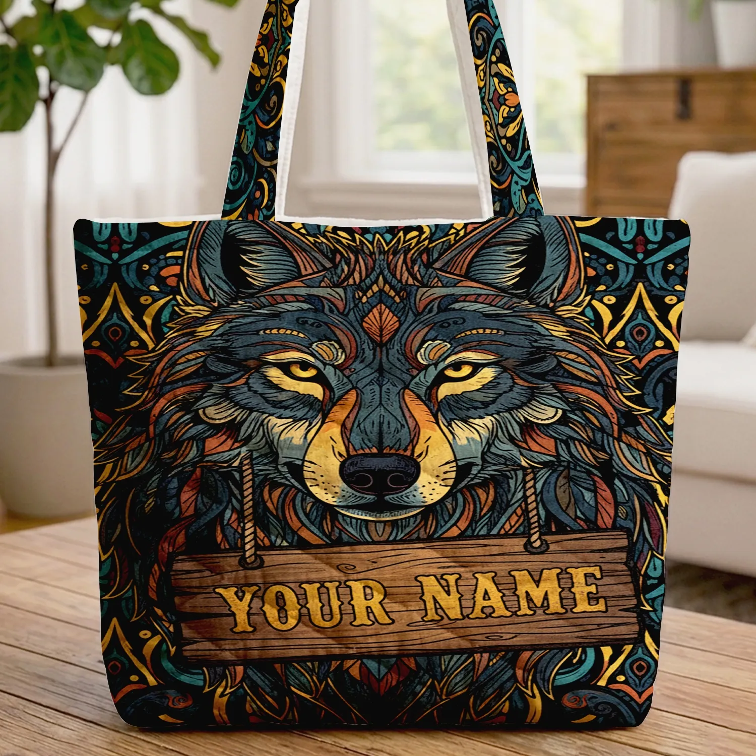 Majestic Wolf Portrait Wooden Sign Foliage - Western Cowboy Nature Lover Gift Quilted Tote Bag - 1
