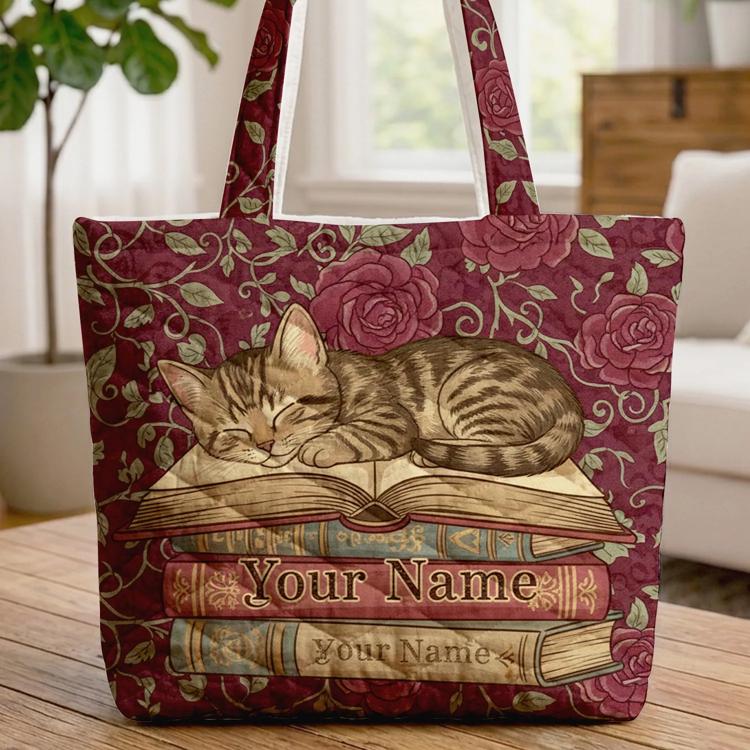 Sleeping Tabby Kitten Rose Floral Books - Everyday Home Decor Gift for Book Lovers Quilted Tote Bag - 1