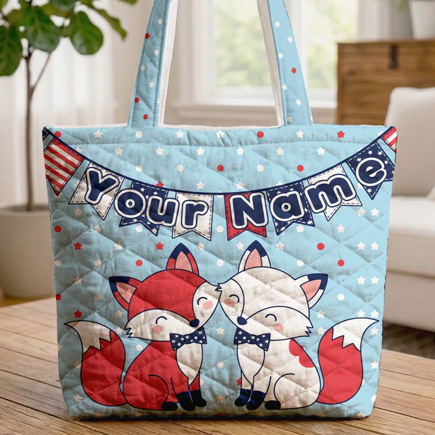 Red White Blue Nuzzling Foxes Pennant Flags - Fourth of July Gift Quilted Tote Bag - 1