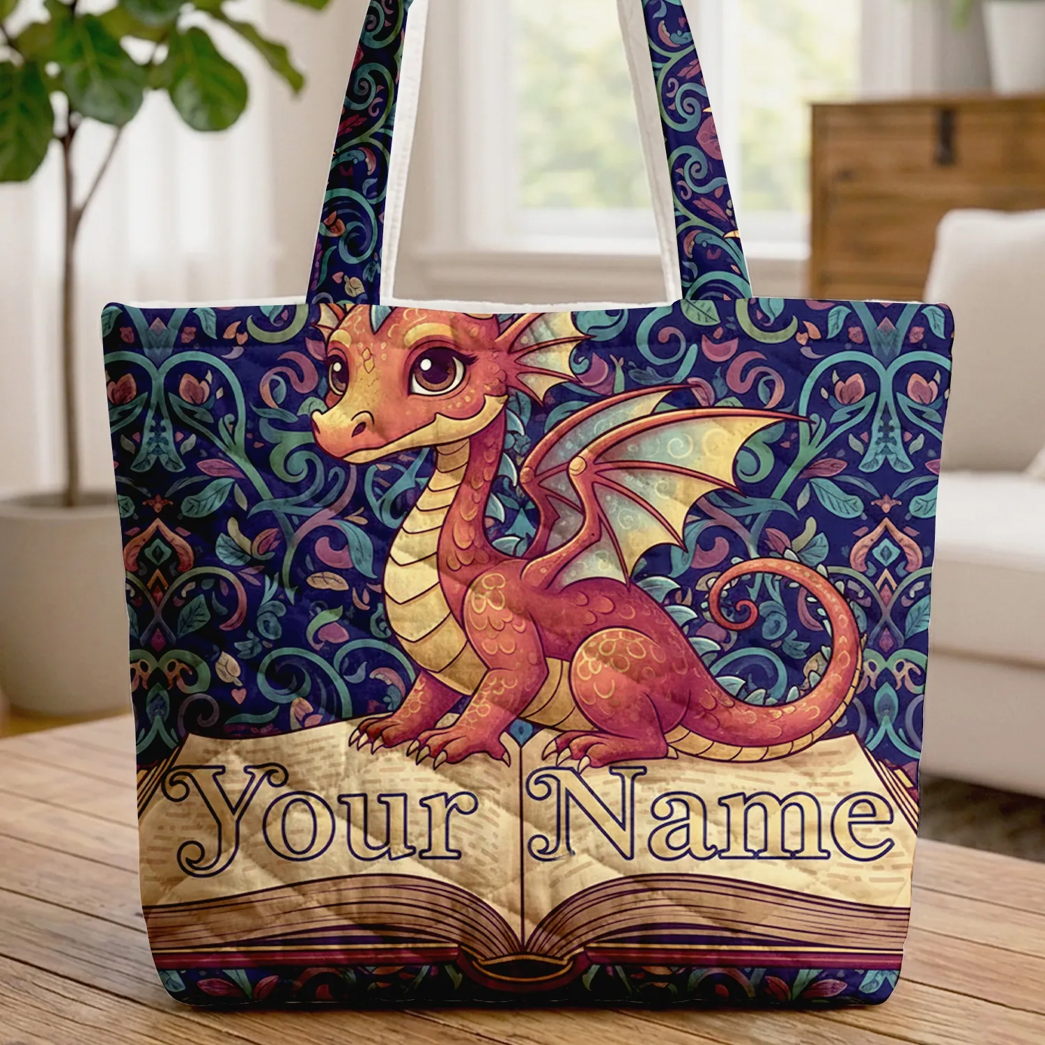 Majestic Dragon Storybook Personalized Gift for Fantasy Lover Quilted Tote Bag - 1