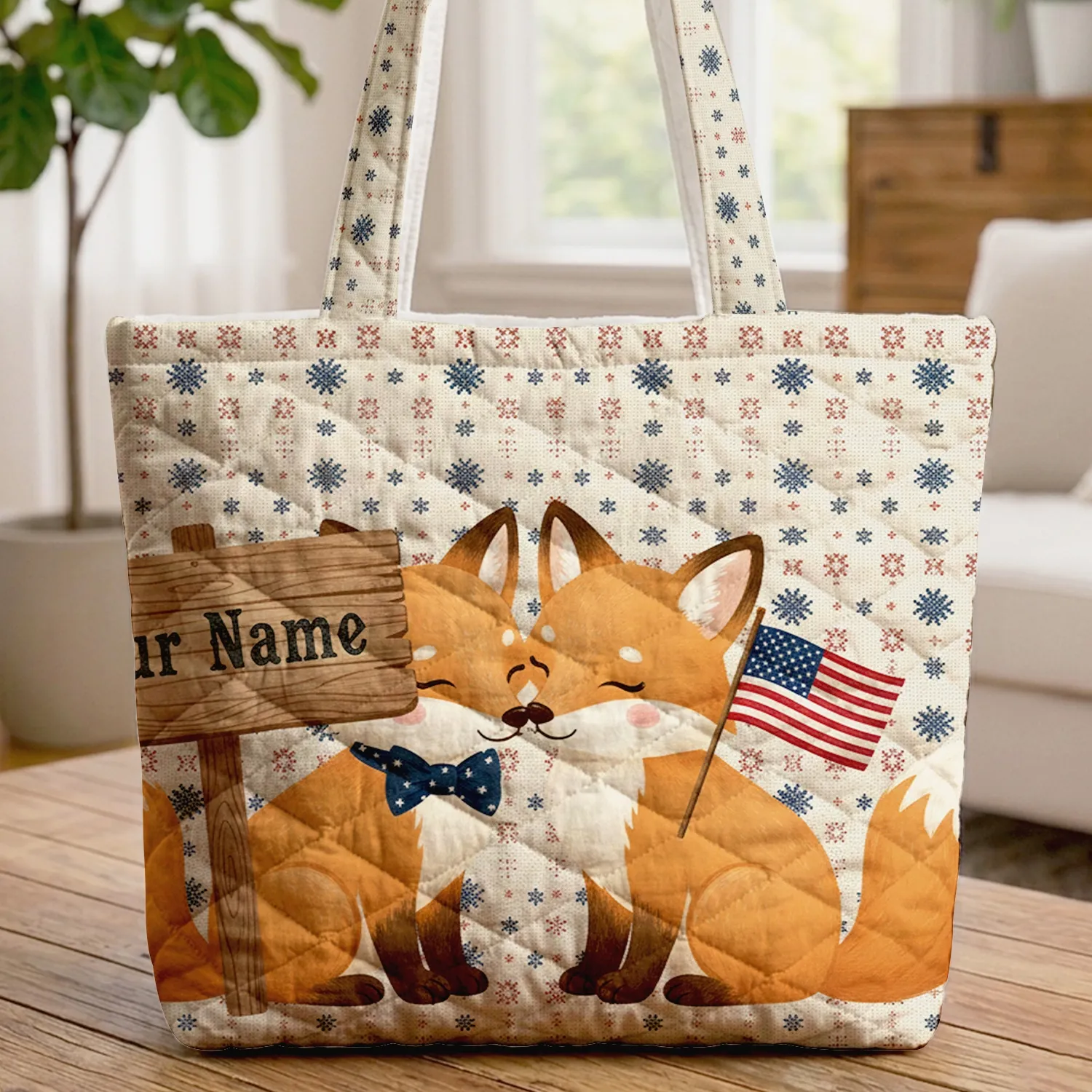 Fox Cubs American Flag Personalized Name - Independence Day Gift for Patriot Families Quilted Tote Bag - 1
