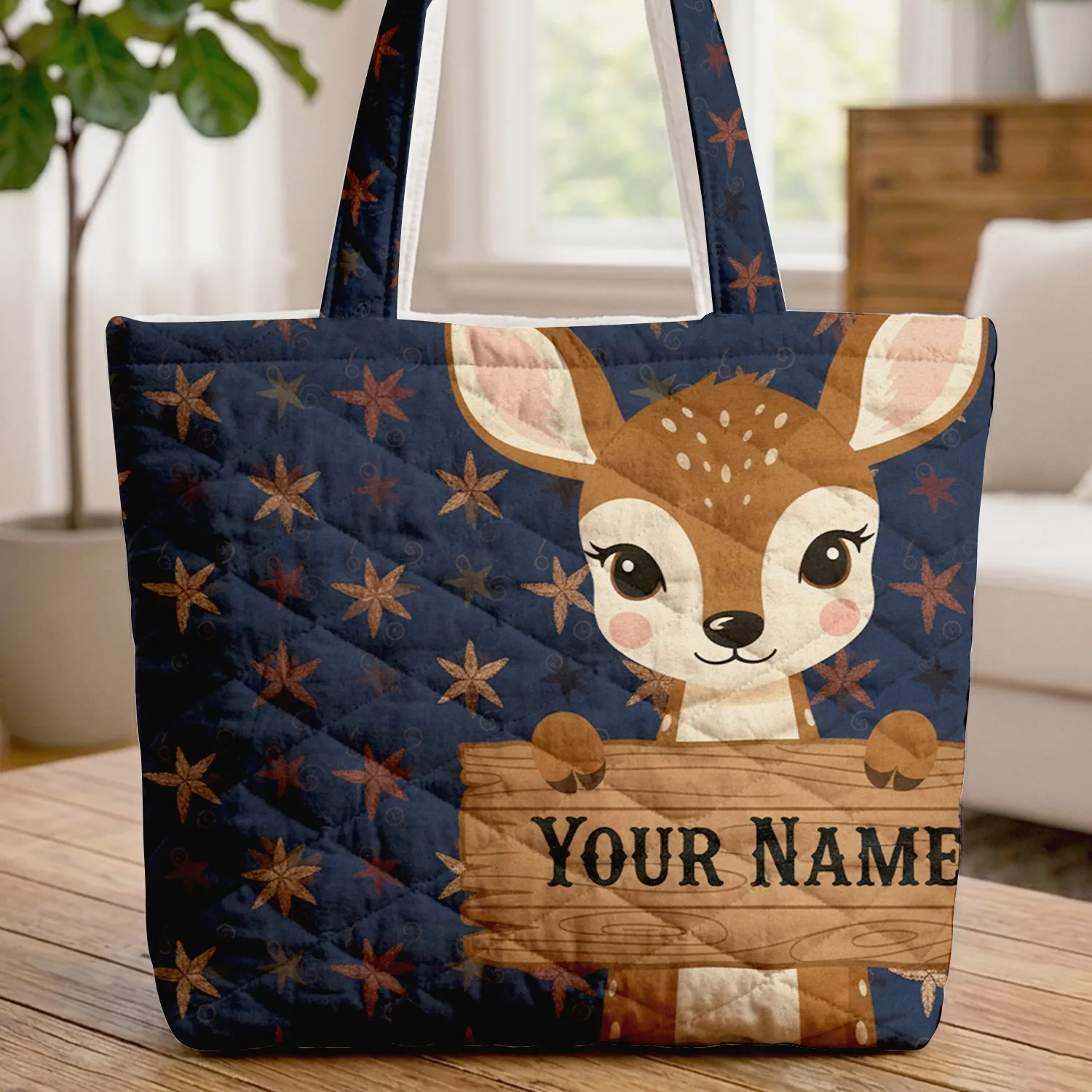 Deer Barn Stars Personalized Name - Rustic Home Decor Gift for Wildlife Lover Quilted Tote Bag - 1