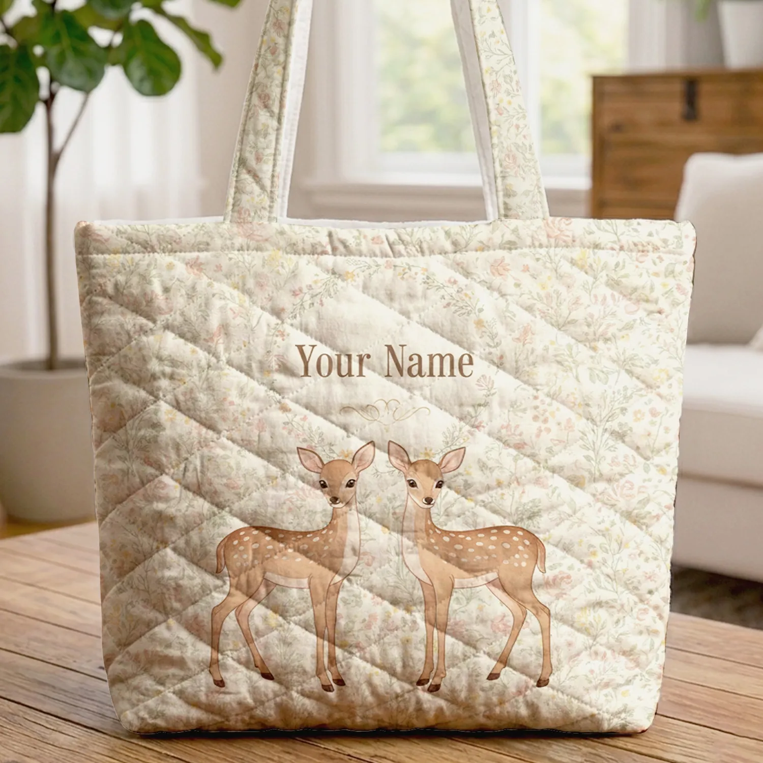 Spotted Deer Daisies Roses Forget-Me-Nots Floral Wreath - Nature Lover Gift Quilted Tote Bag - 1