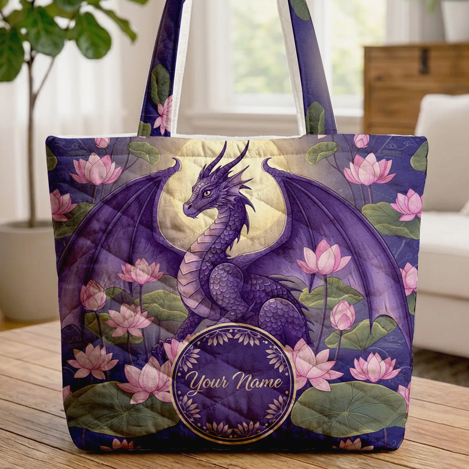 Purple Dragon Lotus Water Garden Full Moon with Your Name - Dragon Lover Gift Quilted Tote Bag - 1