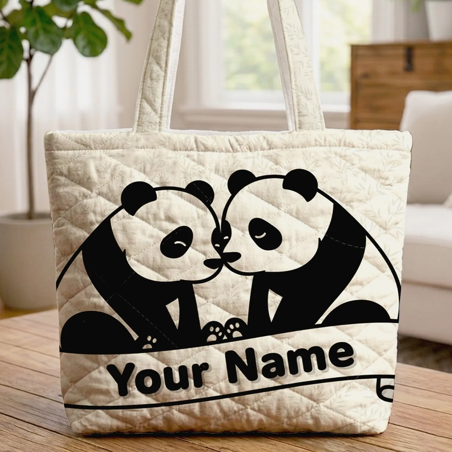 Black and White Pandas Nuzzling Your Name Ribbon - Wildlife Lover Gift Quilted Tote Bag - 1