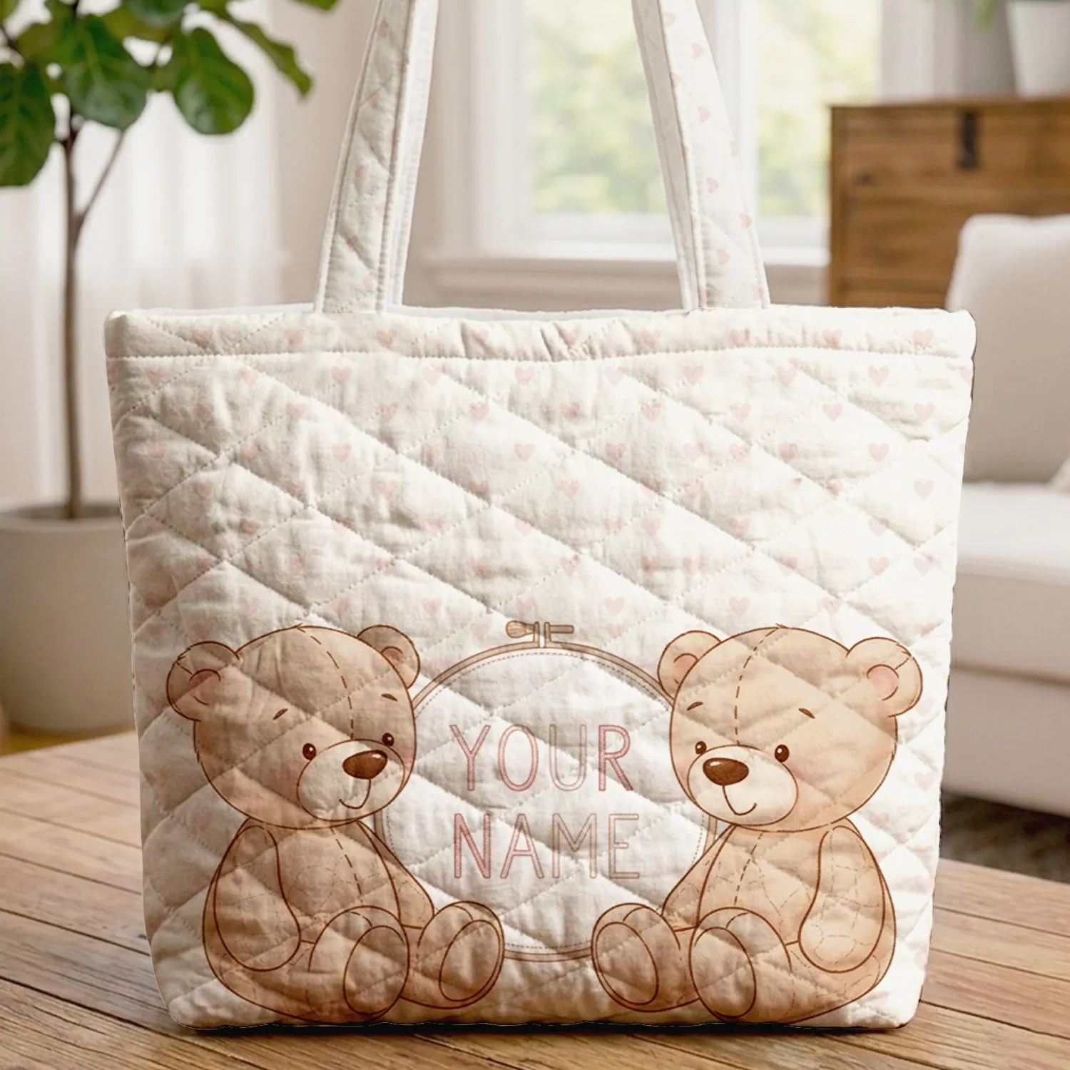 Plush Storybook Teddy Bears Nuzzling Hearts - New Baby Shower Gift for Kids Quilted Tote Bag - 1