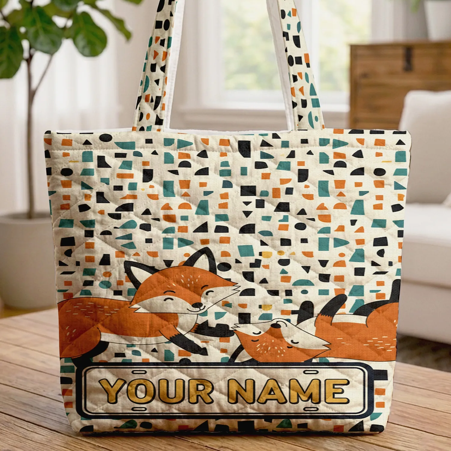 Foxes Squares Triangles Bubble Name Badge - Wildlife Lover Gift for Fox Enthusiast Quilted Tote Bag - 1