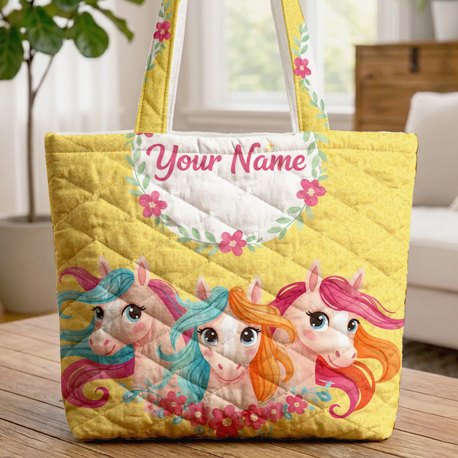 Horse Heads Floral Wreath Star Personalized Gift - Horse Lover Everyday Tote Quilted Tote Bag - 1