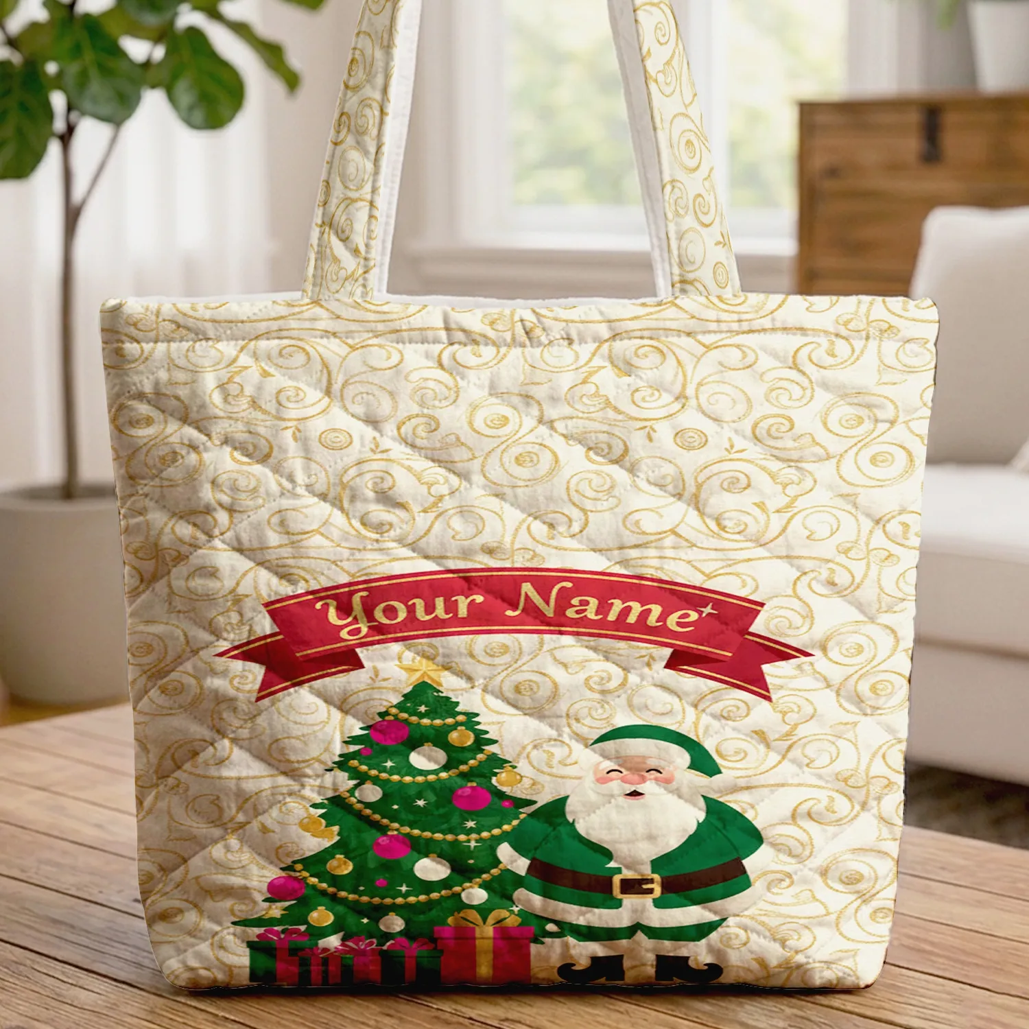 Santa Claus Christmas Tree Presents Floral Scrolls Swirly Vines - Christmas Holiday Gift Quilted Tote Bag - 1