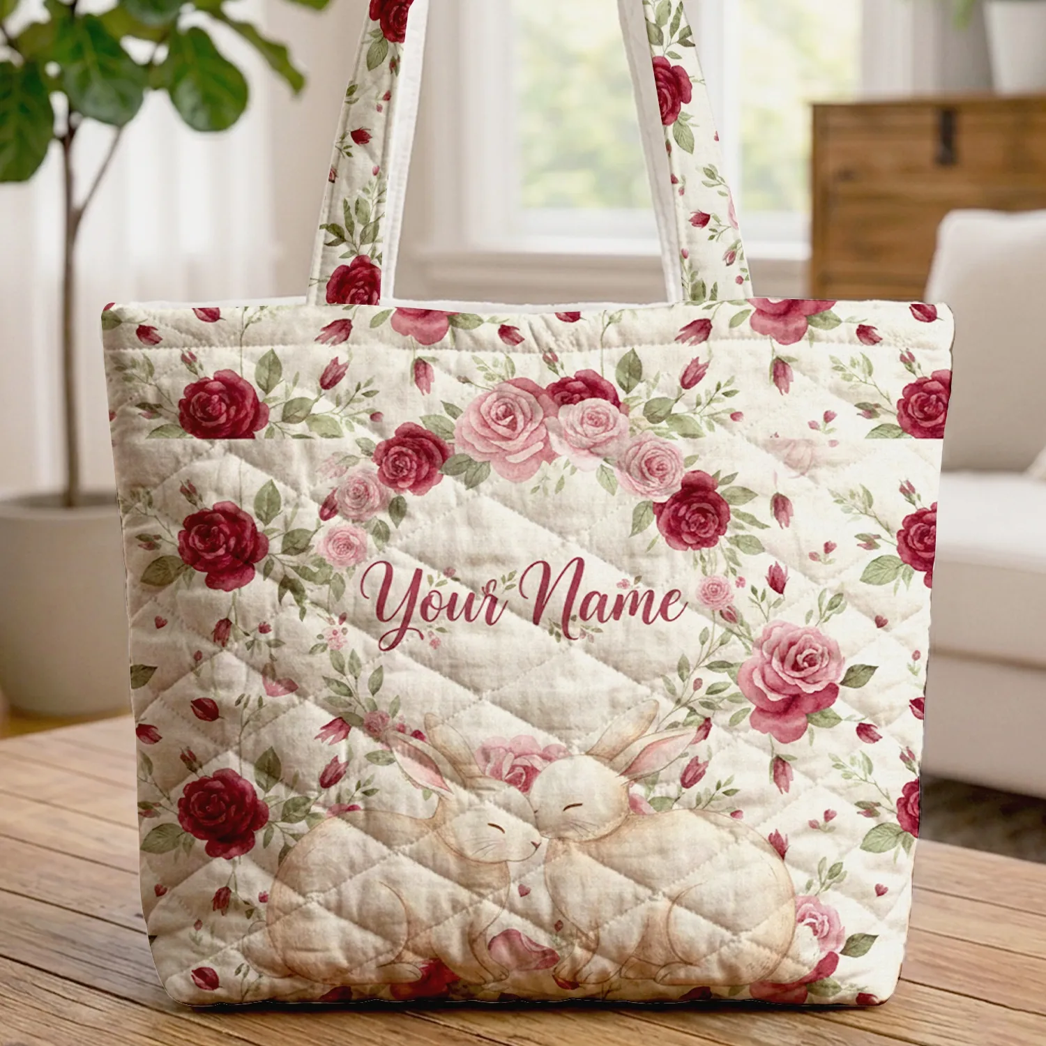 Nuzzling Bunnies Rose Blooms Greenery Floral Wreath - Versatile Everyday Tote for Garden Lovers Quilted Tote Bag - 1