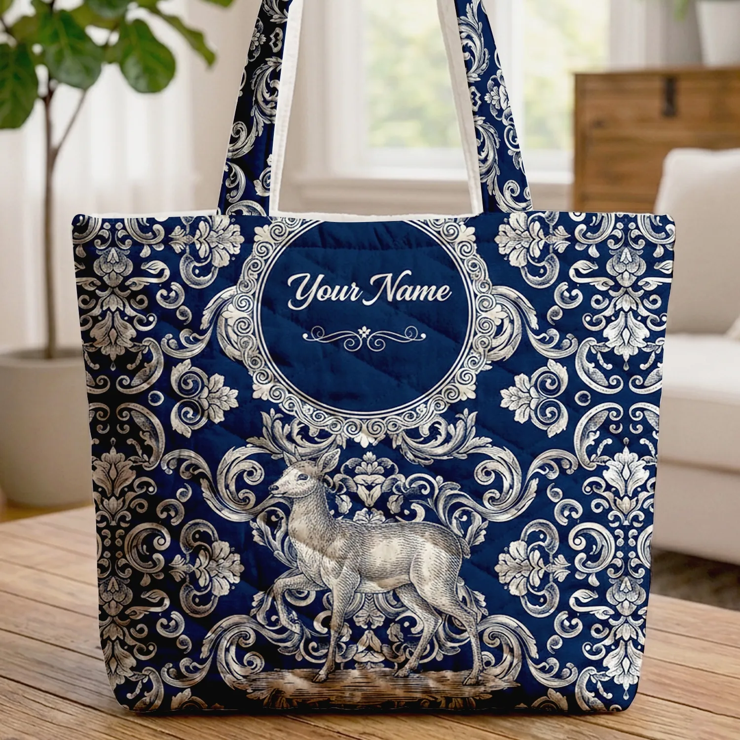 Deer Rococo Floral Damask - Personalized Everyday Keepsake Gift Quilted Tote Bag - 1