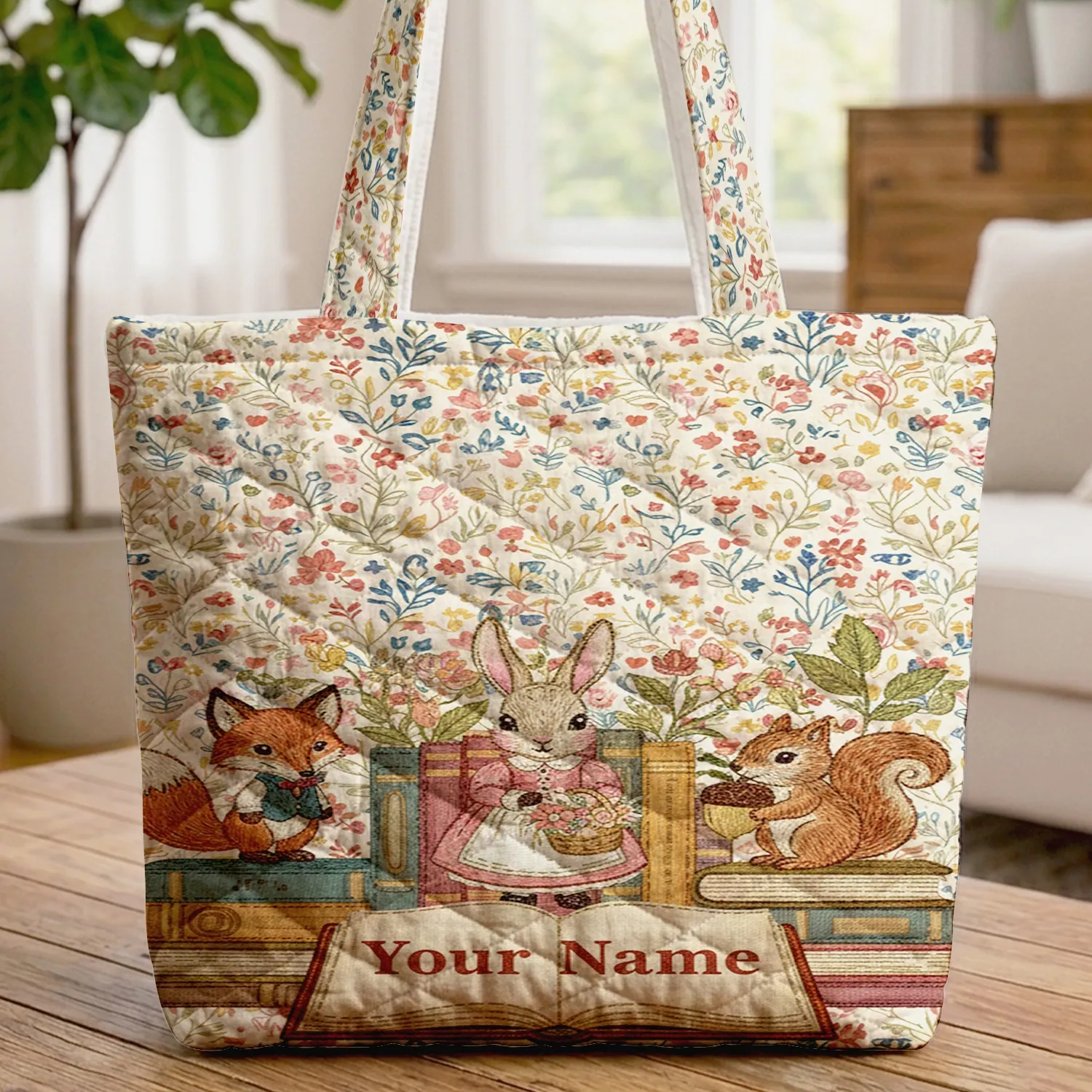 Botanical Wildflowers Vintage Books Floral Motifs Name Display - Reader Gift Everyday Tote Quilted Tote Bag - 1