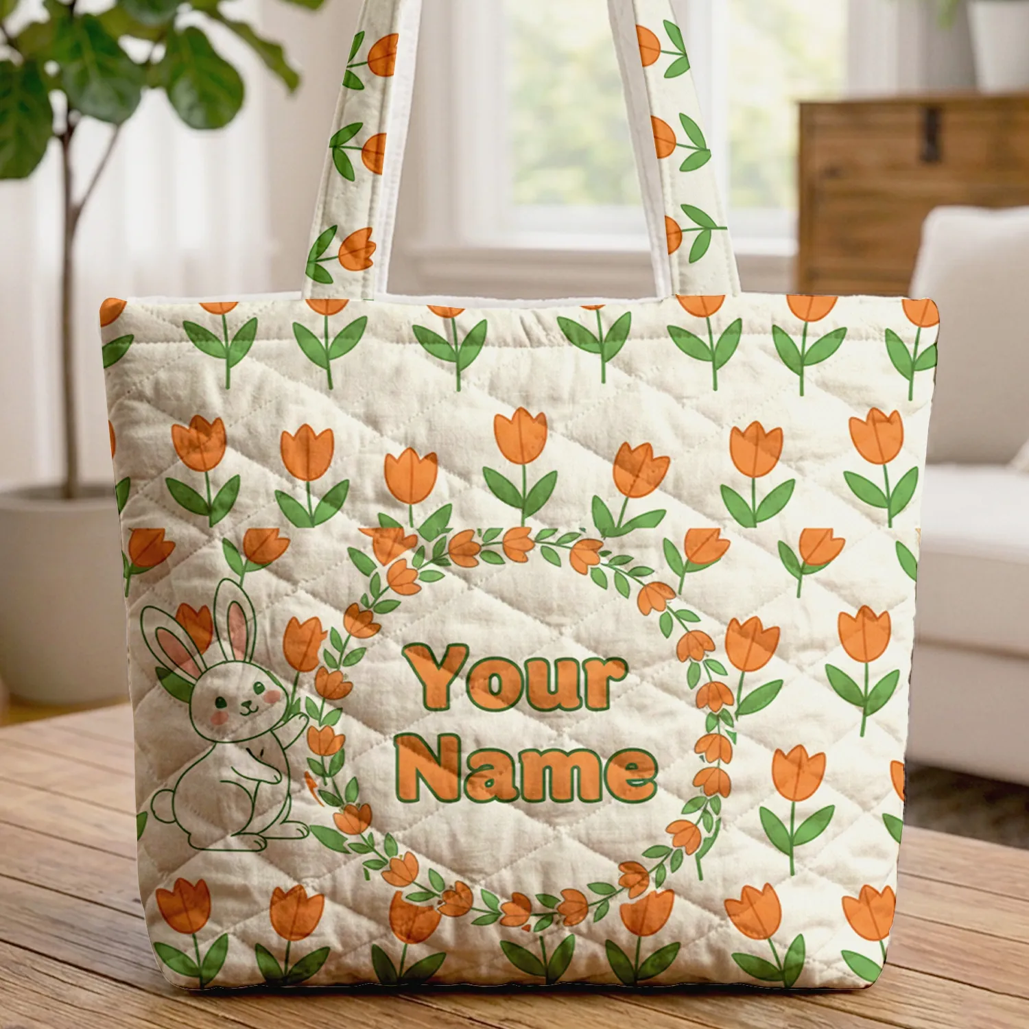 Orange Tulips Bunny Flower Wreath - Home Decor Gift for Gardeners & Plant Lovers Quilted Tote Bag - 1