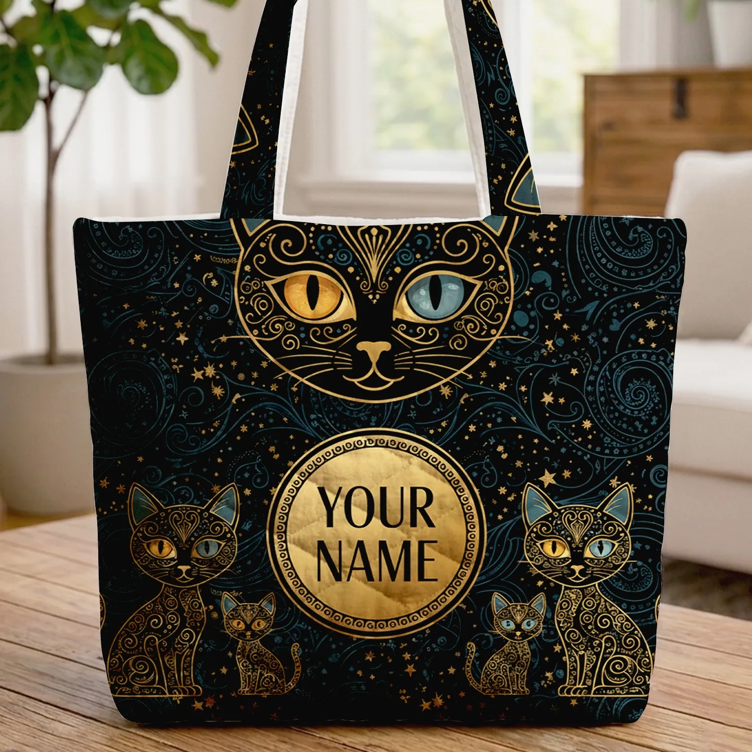 Amber Gold and Blue Eye Cat Face Personal Name - Cat Lover Swirls Celestial Gift Quilted Tote Bag - 1