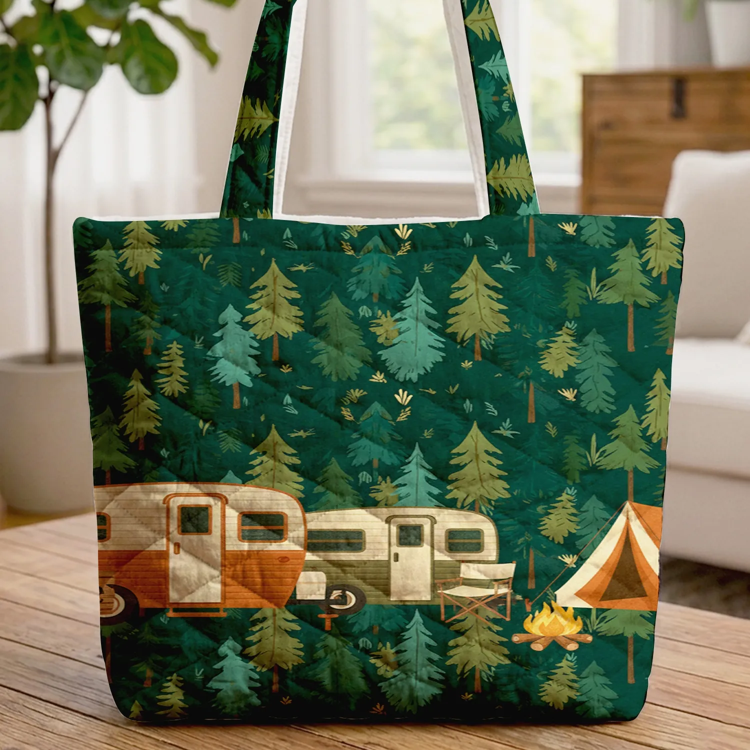 Pine Tree Forest Camping Scene Travel Trailer - Personalized Adventure Gift Quilted Tote Bag - 1