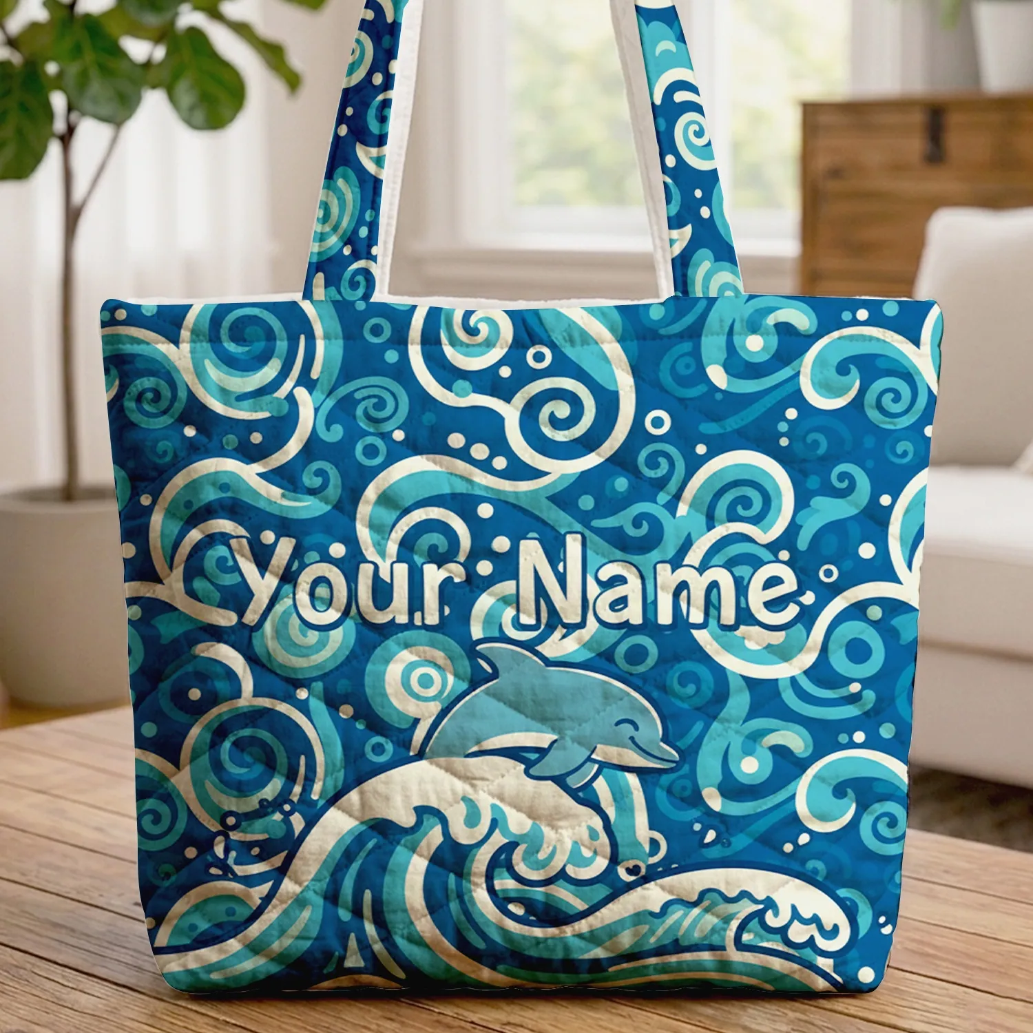 Playful Dolphin Wave Swirls Bubbles Your Name - Ocean Lover Gift for Dolphin Fans Quilted Tote Bag - 1