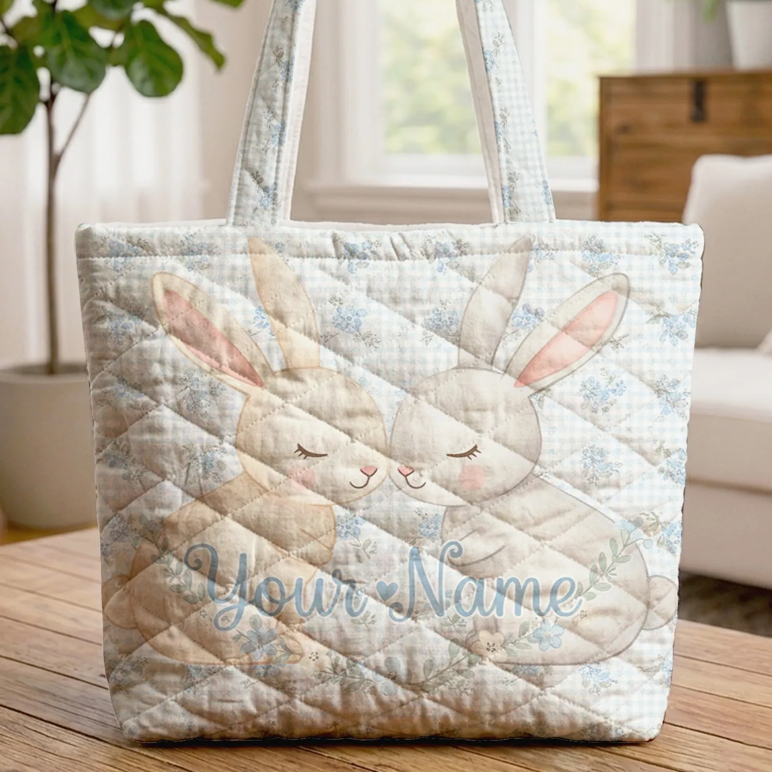 Nuzzling Bunnies Forget-Me-Not Floral Wreath Gingham Pinstripe Personalized Gift Quilted Tote Bag - 1