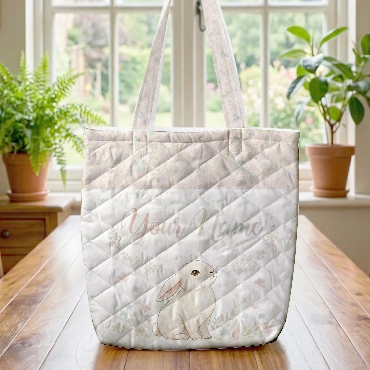 Bunny Wildflower Floral Wreath Personalized Name - Everyday Tote Gift Quilted Tote Bag - 1