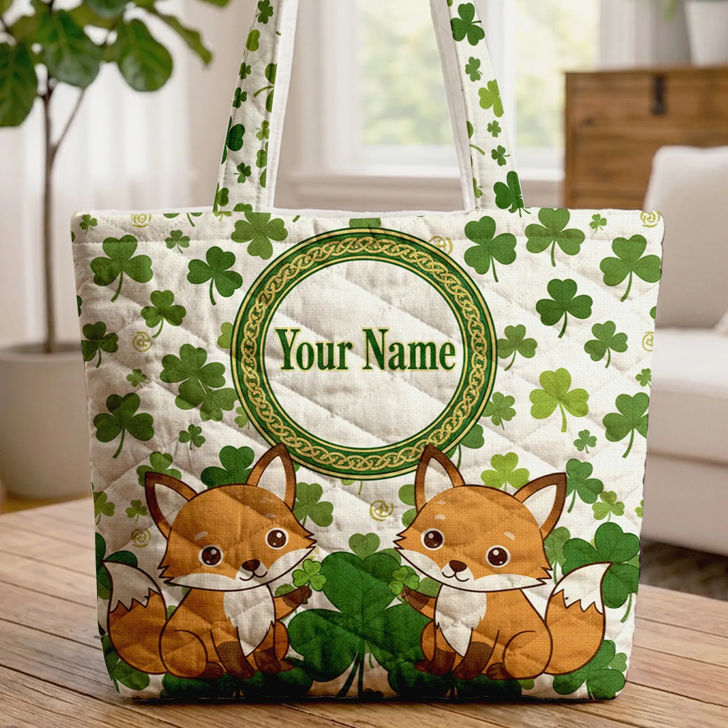 Baby Foxes Shamrocks Clover Celtic Knot Personal Name - Everyday Wildlife Lover Gift Quilted Tote Bag - 1