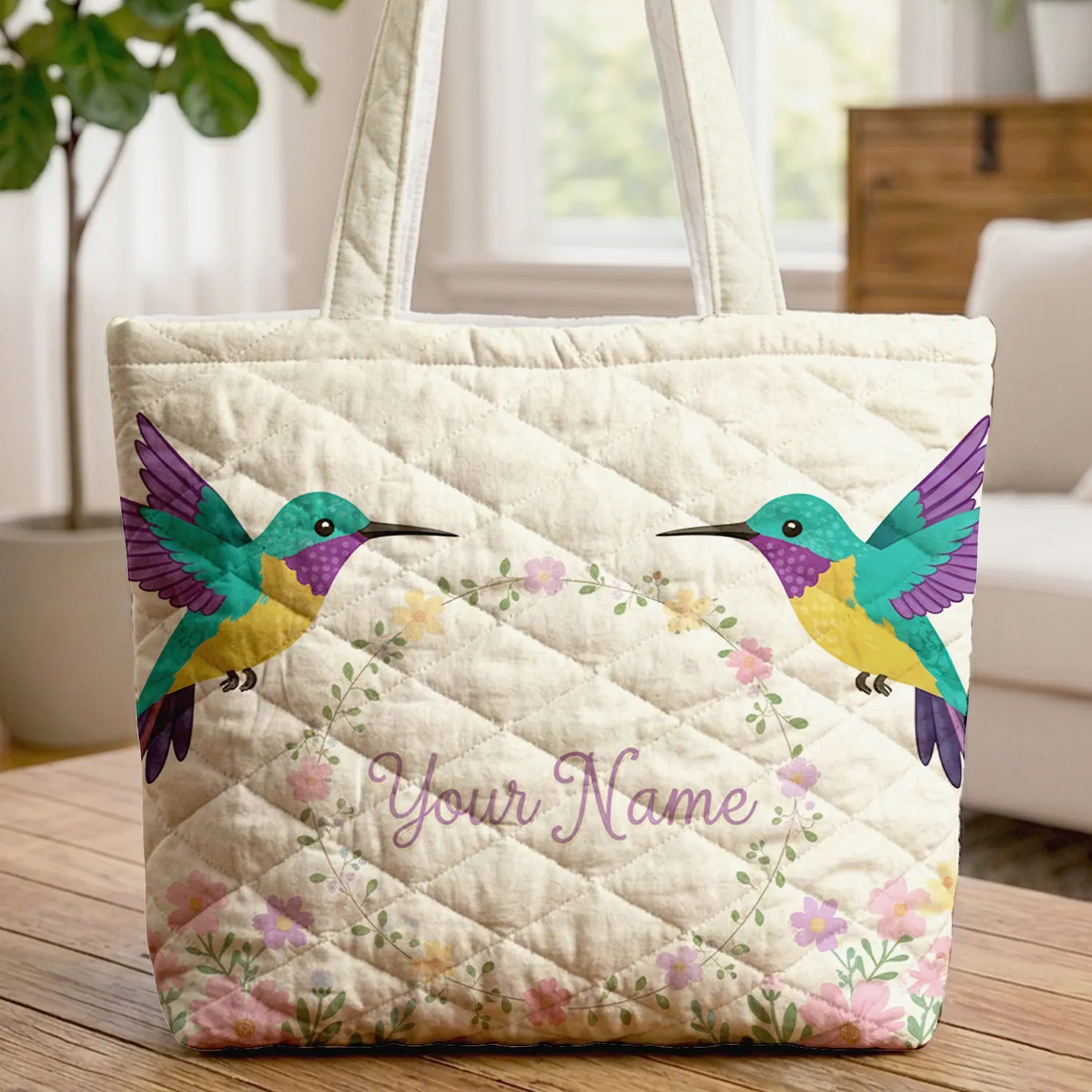 Hummingbirds Flowers Name Floral Wreath Vines - Wildlife Lover Gift Quilted Tote Bag - 1
