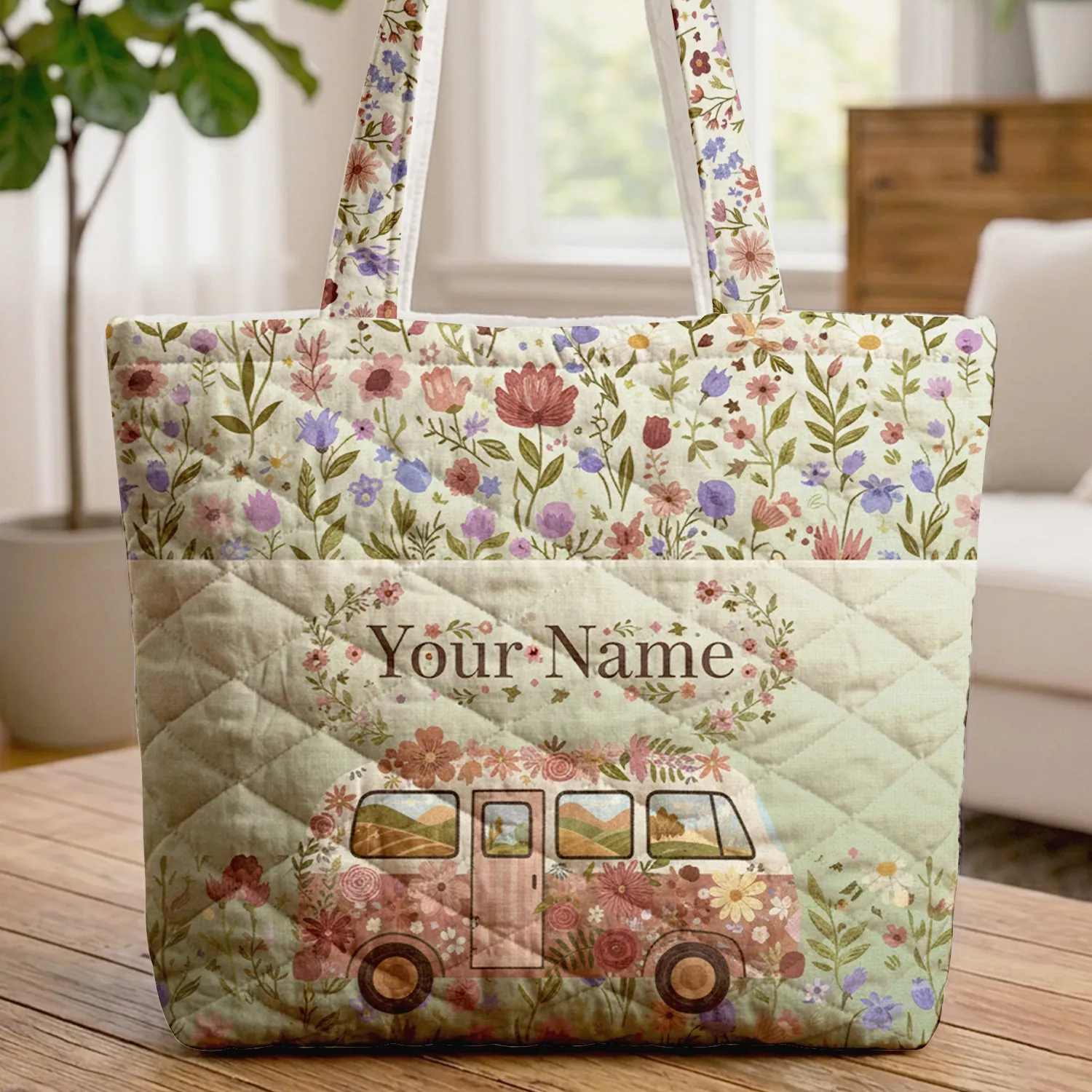 Camper Van Daisy Coneflower Bluebell Floral Wreath Text - Travel Essentials Everyday Tote Quilted Tote Bag - 1