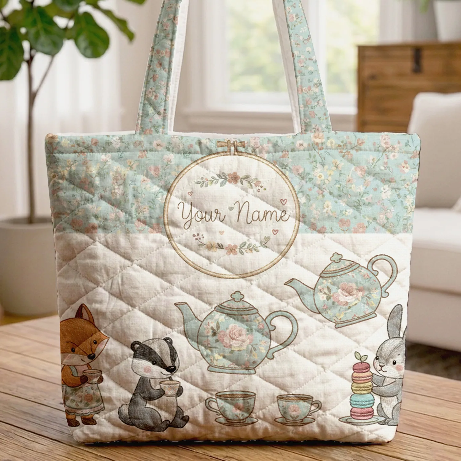 Floral Teapots Teacups Hoop - Teatime Lover Lifestyle Gift for Her Quilted Tote Bag - 1