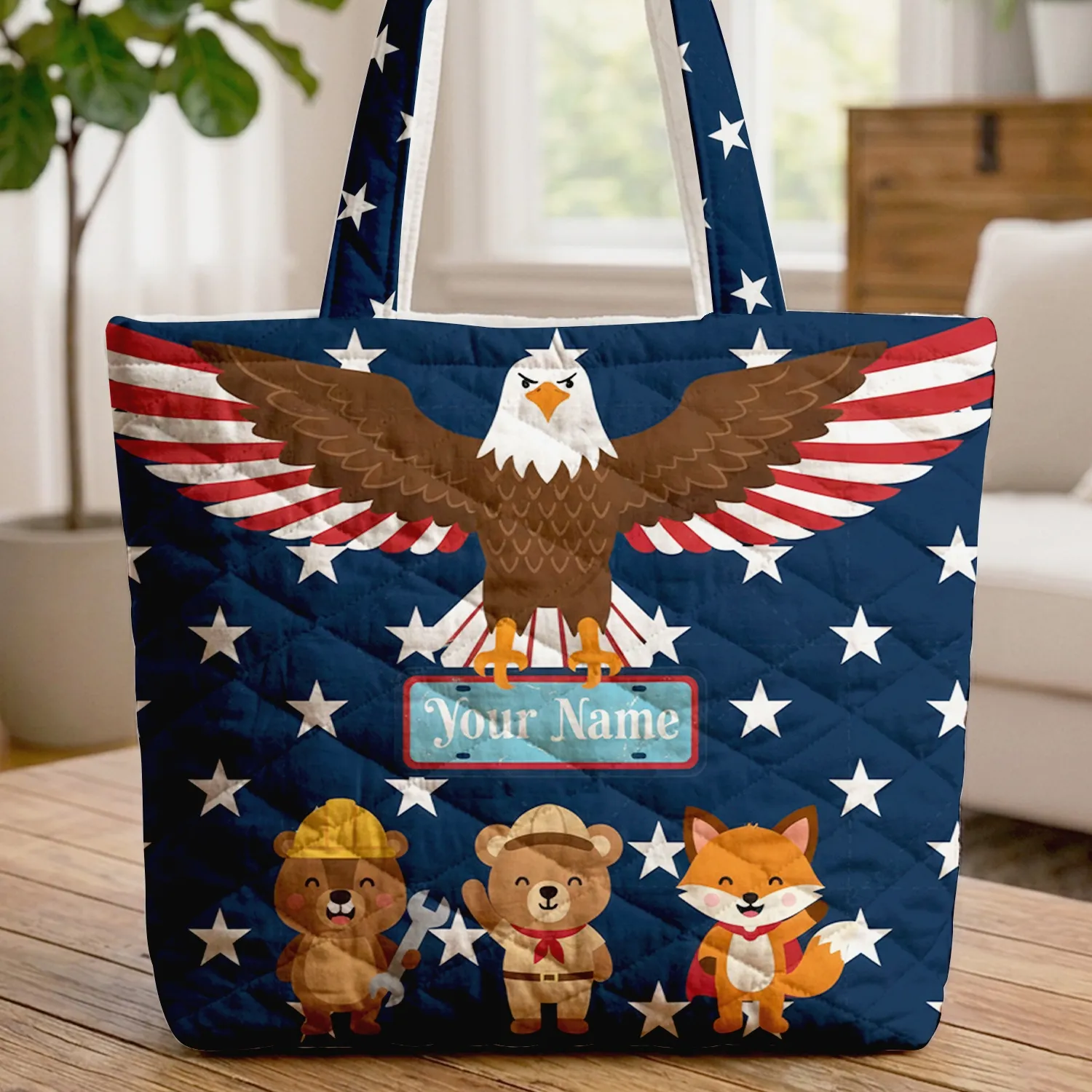 Bald Eagle American Flag Stars License Plate - Independence Day Gift for Veterans Quilted Tote Bag - 1