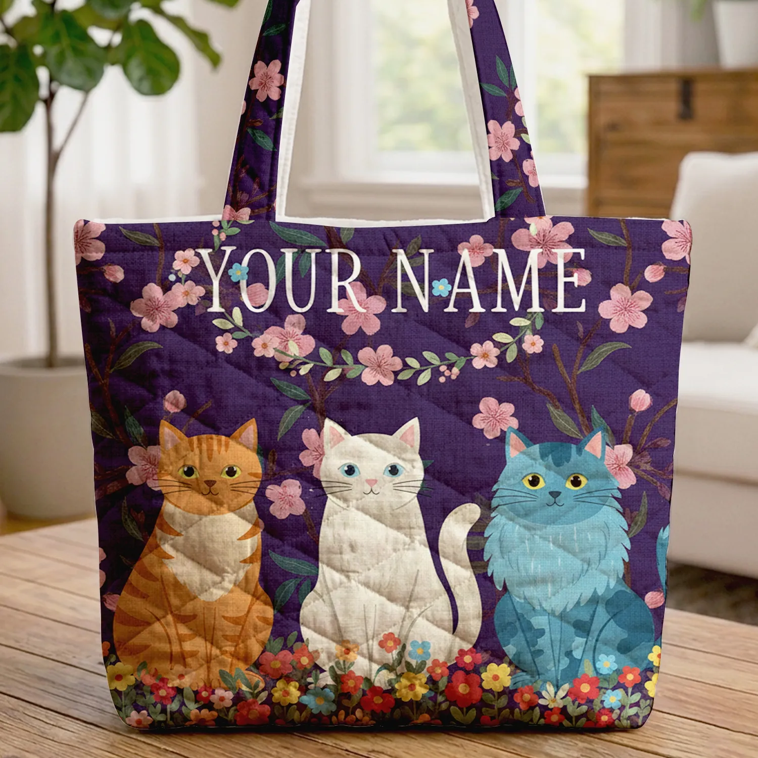 Three Cats Floral Wreath Your Name Cherry Blossom - Cat Lover Everyday Tote Quilted Tote Bag - 1