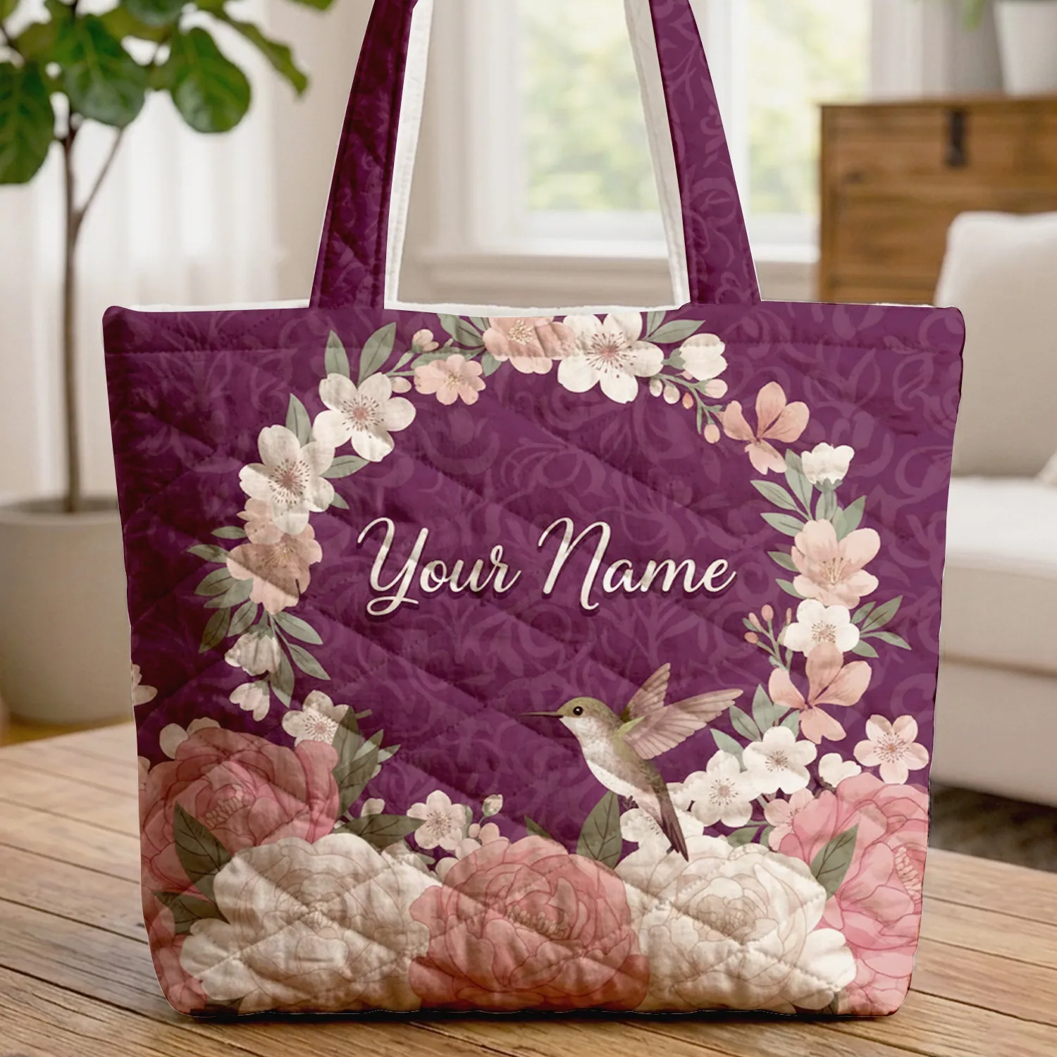 Hummingbird Peonies Cherry Blossoms Floral Wreath Personalized - Nature Lover Gift Quilted Tote Bag - 1