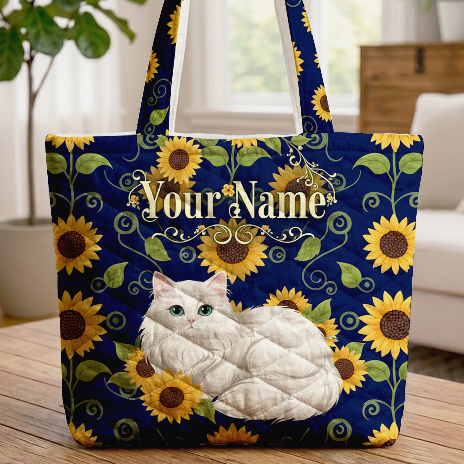 Fluffy White Cat Blue Green Eyes Sunflowers Name Floral Wreath - Cat Lover Everyday Carryall Gift Quilted Tote Bag - 1