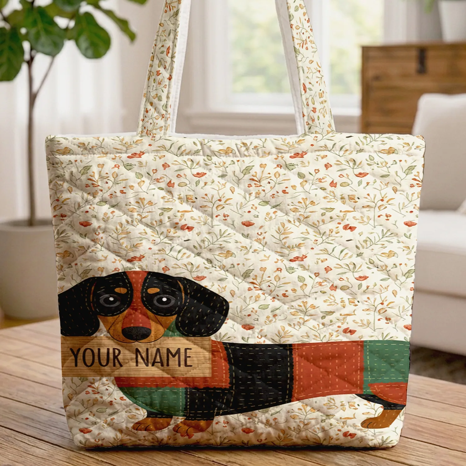 Patchwork Dachshund Botanical Birds - Dog Lover Everyday Carry Quilted Tote Bag - 1