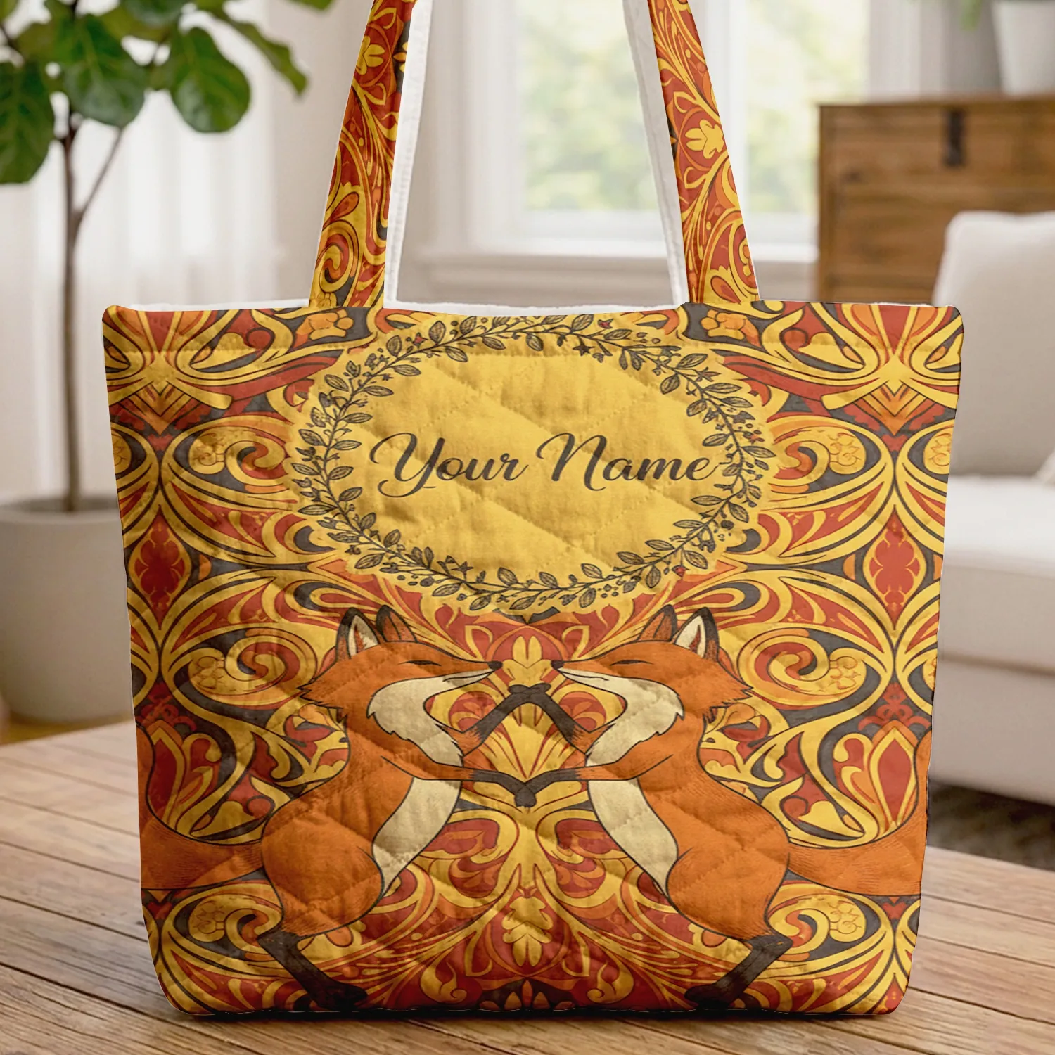 Dancing Foxes Floral Wreath Organic Shapes - Everyday Lifestyle Gift for Wildlife Lovers Quilted Tote Bag - 1