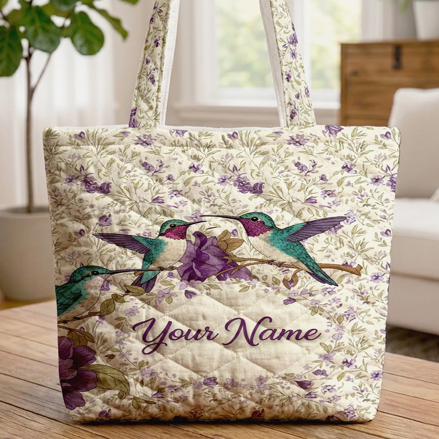Hummingbirds Lavender Wildflower Name Floral Wreath - Bird Lover Everyday Tote Quilted Tote Bag - 1