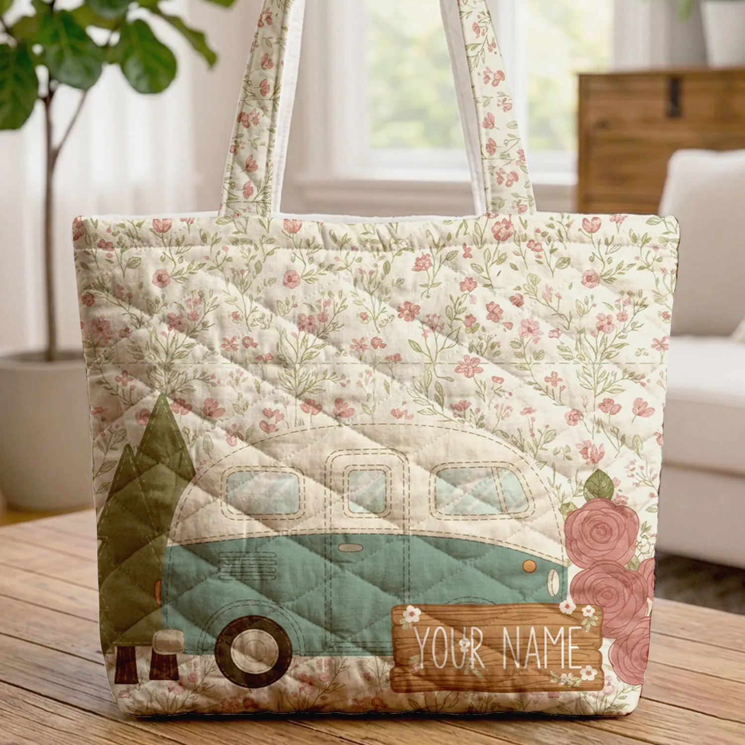 Camper Van Evergreen Wildflowers Roses Wooden Sign Travel Essentials Quilted Tote Bag - 1