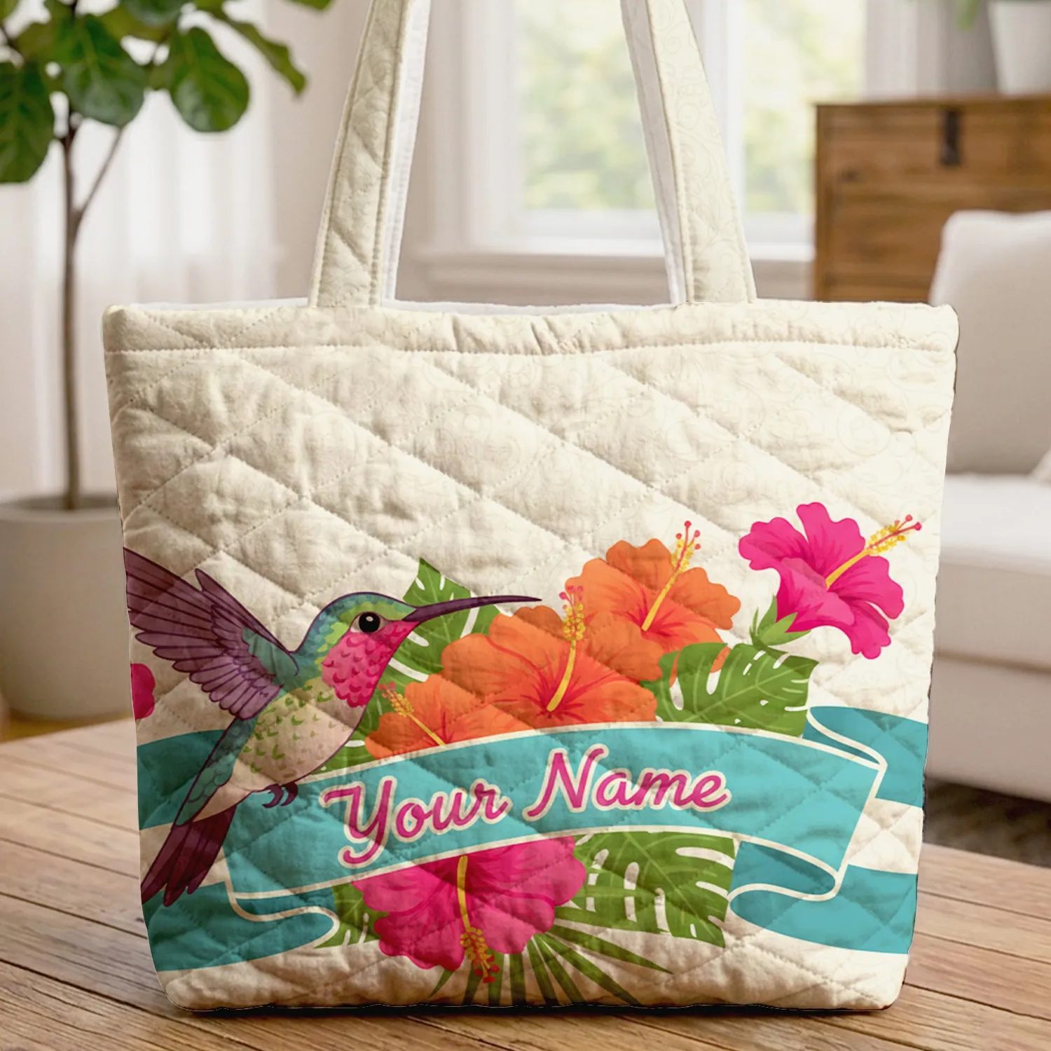 Hummingbird Hibiscus Tropical Leaf Vine Floral - Everyday Tote Gift Quilted Tote Bag - 1