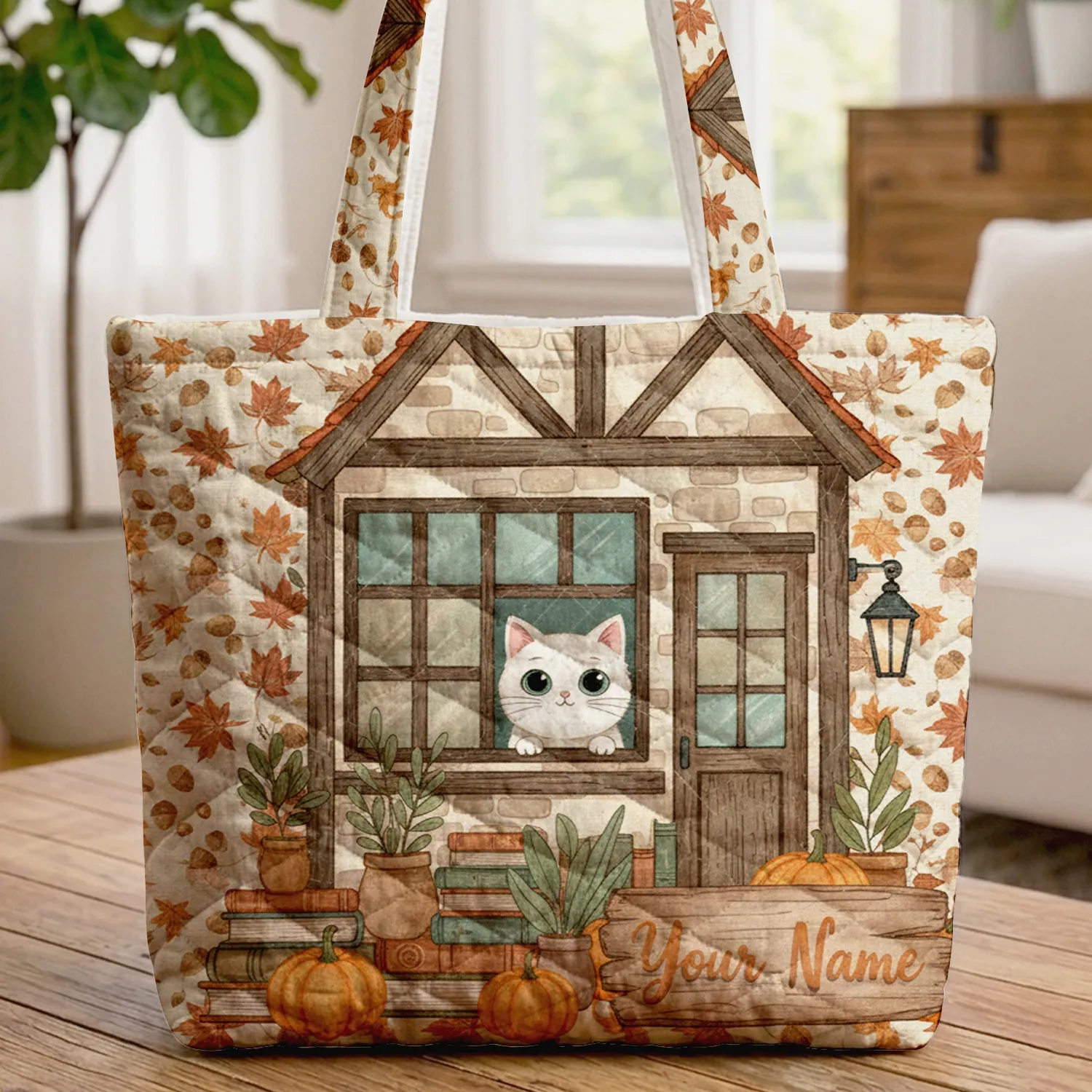 White Cat Bookstore Window Pumpkins Leaves - Personalized Autumn Gift for Book Lovers Quilted Tote Bag - 1