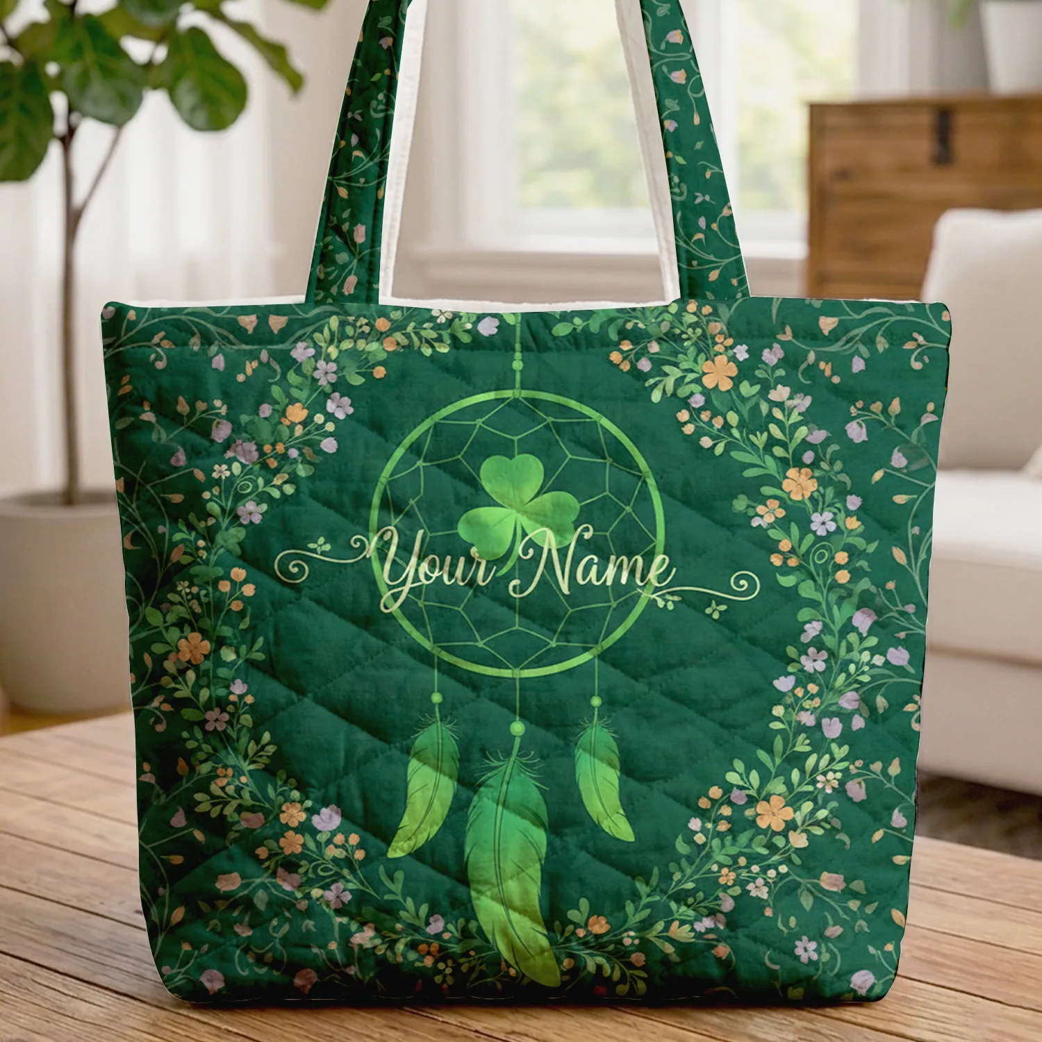 Dreamcatcher Four-Leaf Clover Feathers Floral Wreath - Good Luck Gift Quilted Tote Bag - 1