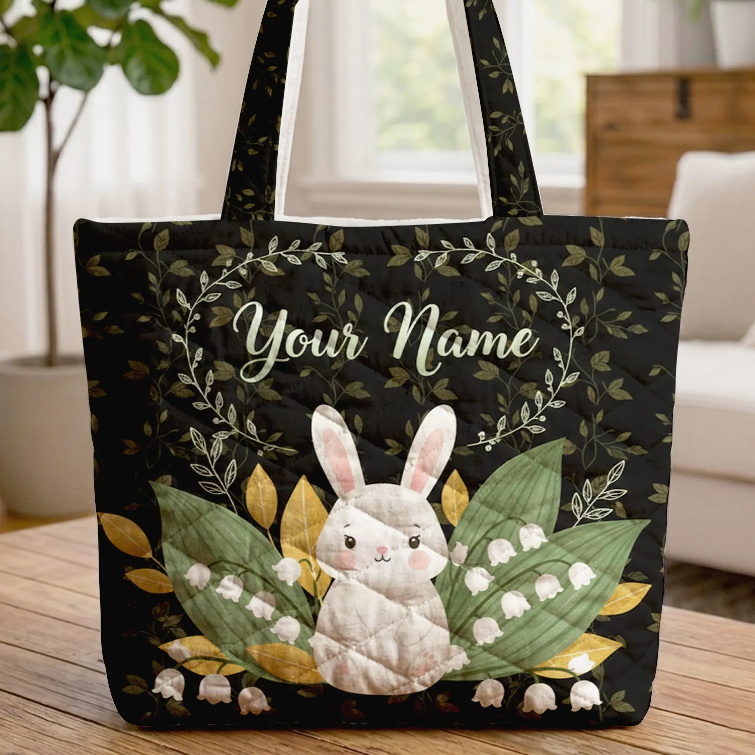 Bunny Lily of the Valley Floral Wreath Your Name - Wildlife Lover Gift for Bunny Lover Quilted Tote Bag - 1