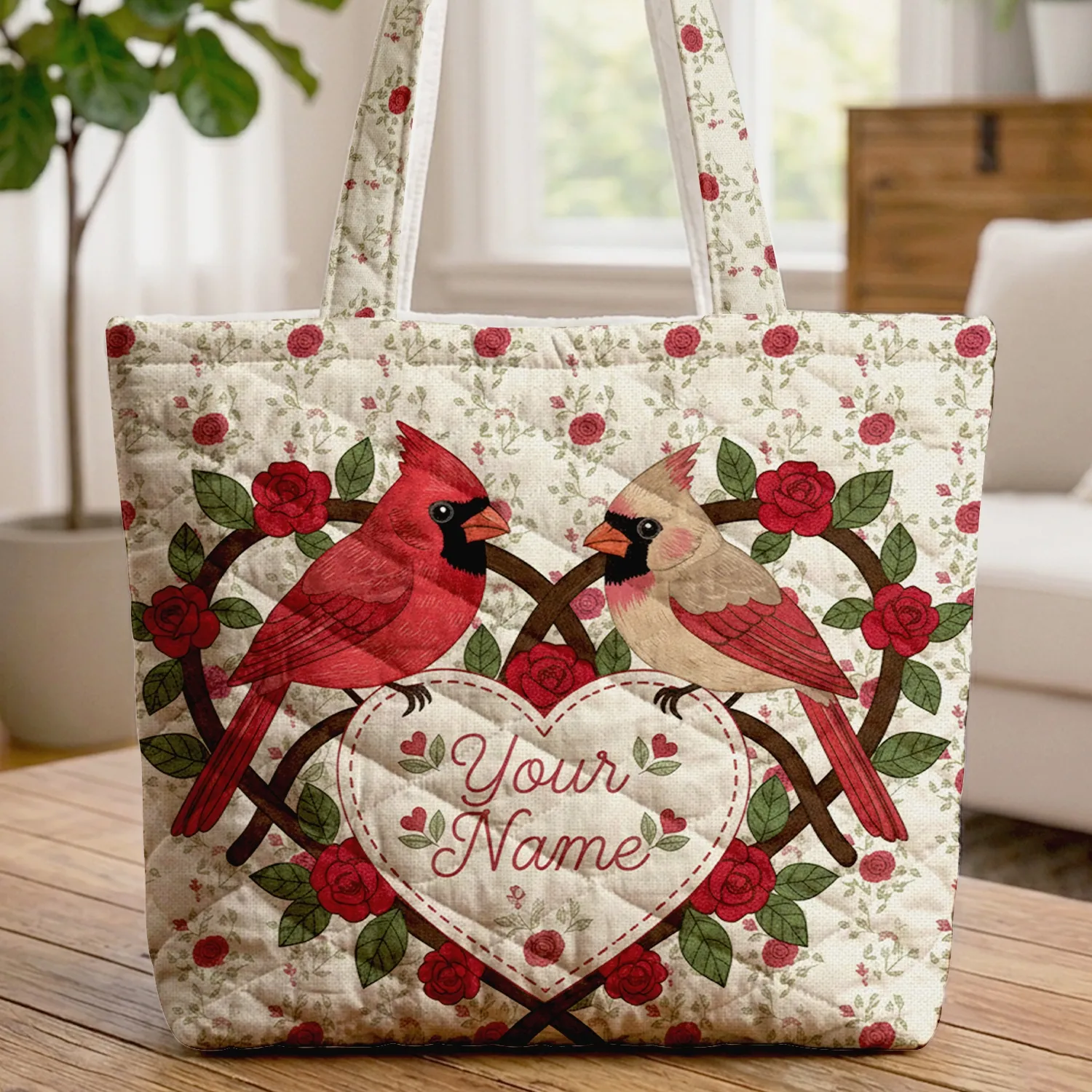 Male Female Cardinals Heart Roses Personalized Name - Couple Gift Quilted Tote Bag - 1