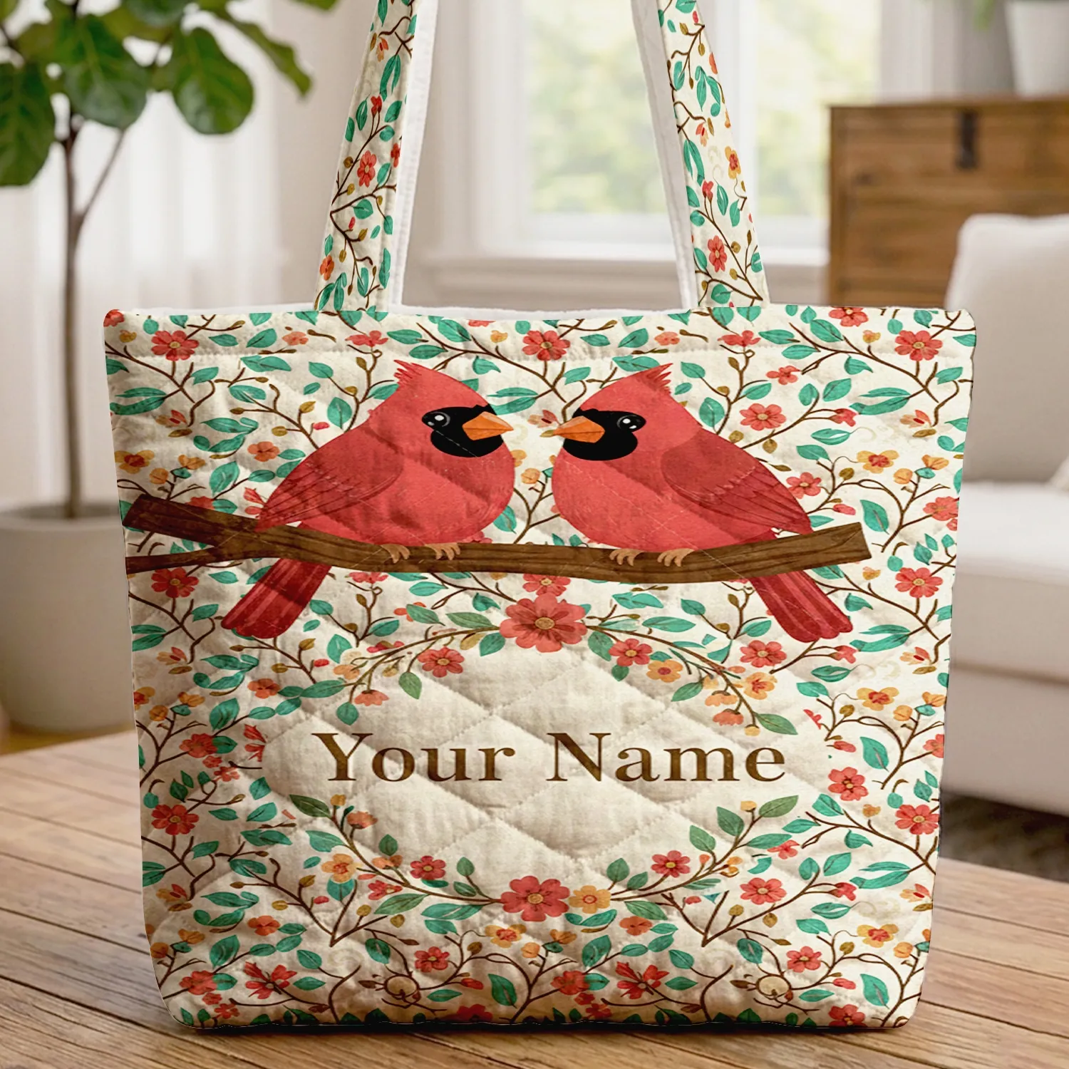Red Cardinal Birds Floral Wreath - Nature Inspired Gift for Bird Lover Quilted Tote Bag - 1