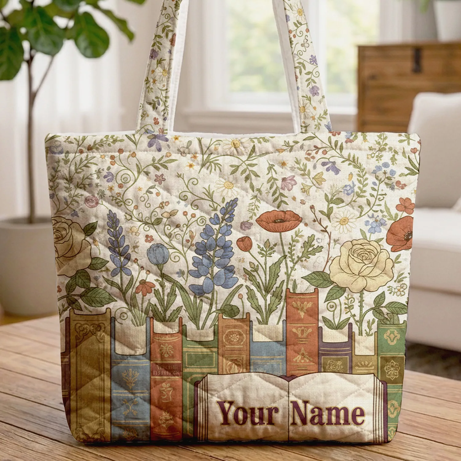 Vintage Books Wildflowers Personalized Name - Book Lover Gift Quilted Tote Bag - 1