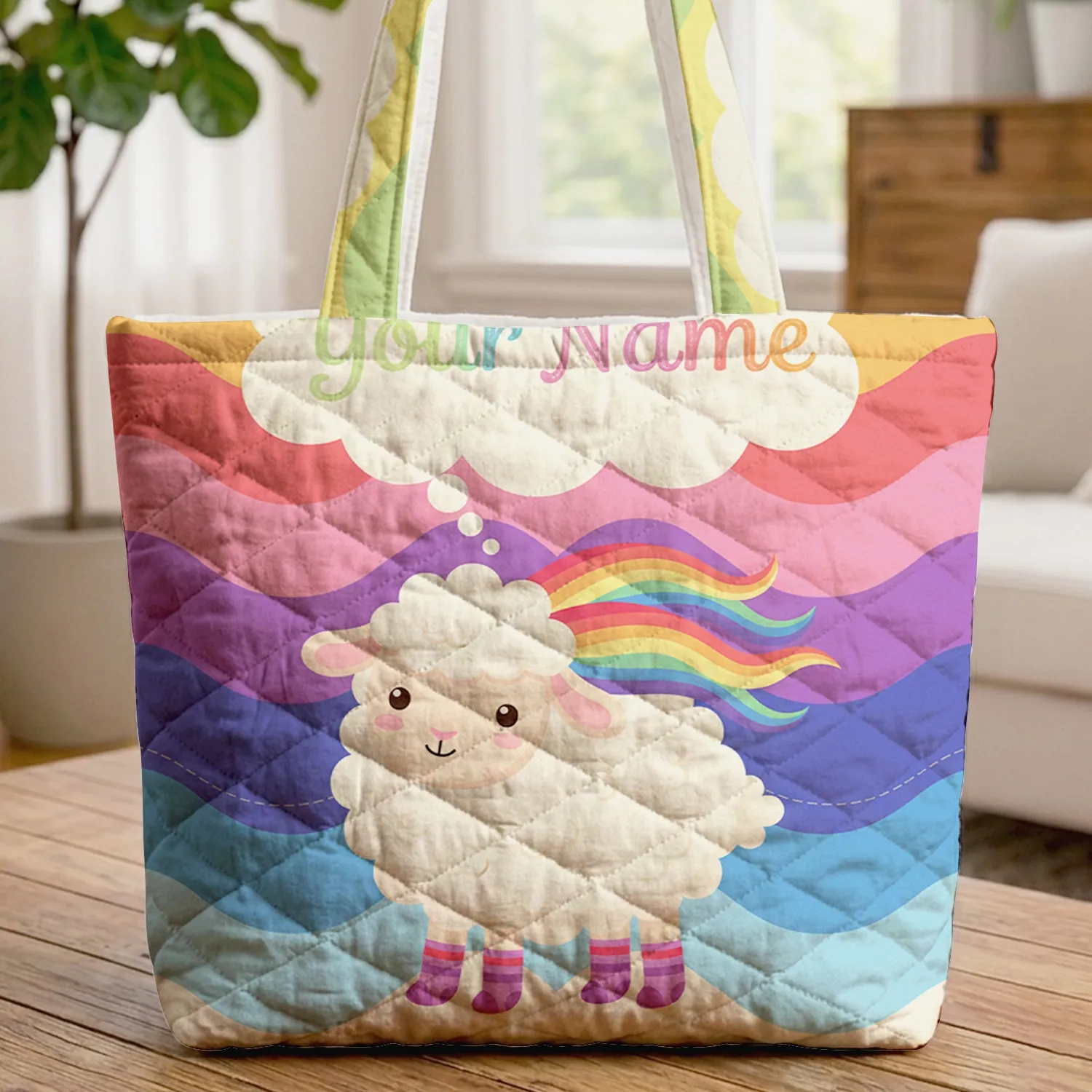 White Lamb Rainbow Mane Pink Striped Socks Cloud Speech Bubble - Everyday Tote Gift for Kids Quilted Tote Bag - 1