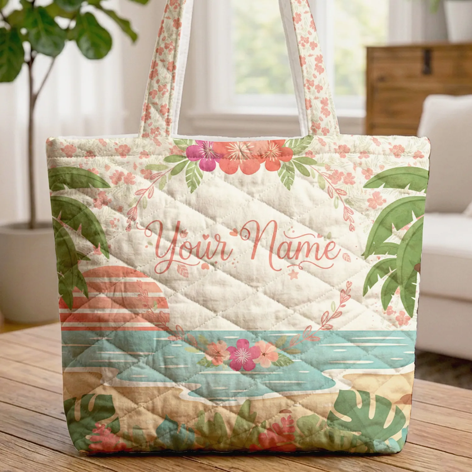 Tropical Beach Sunset Hibiscus Palm Leaves Floral Wreath - Beach Lover Gift Quilted Tote Bag - 1