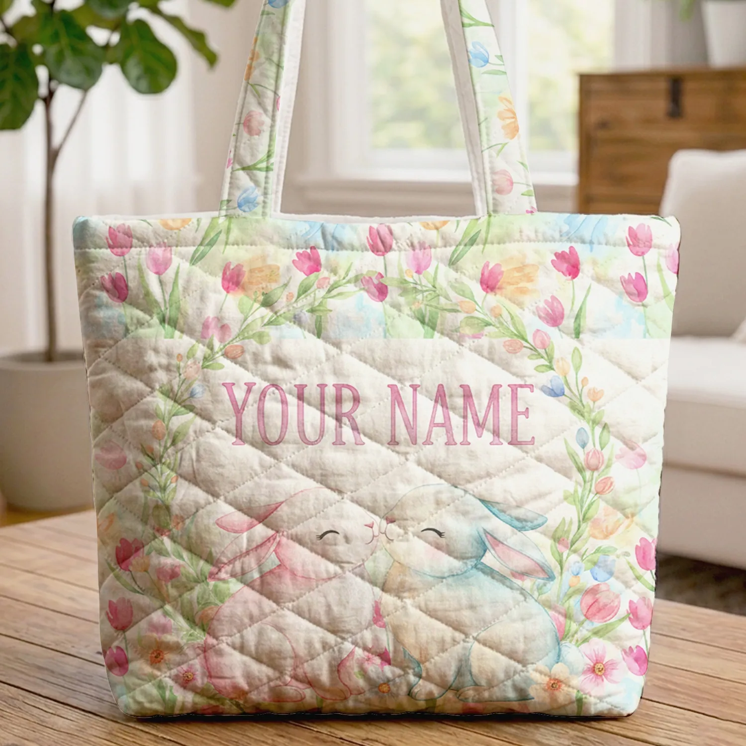 Bunnies Nuzzling Tulip Blooms Floral Wreath - Spring Season Everyday Tote Quilted Tote Bag - 1