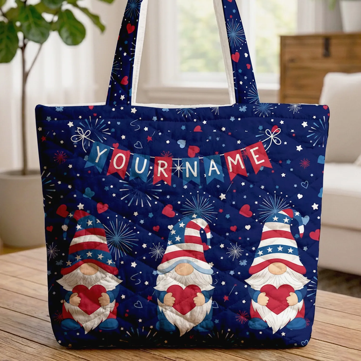 Patriotic Gnomes Your Name Bunting Fireworks Stars - Independence Day Celebration Gift Quilted Tote Bag - 1