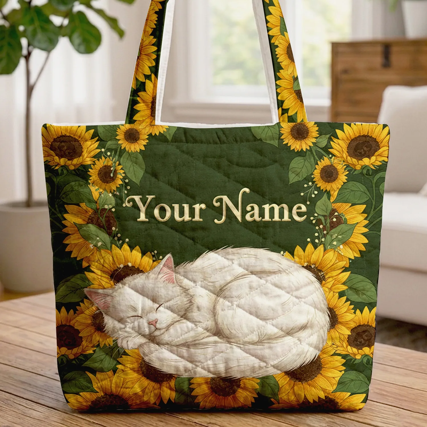 Sleeping White Cat Sunflower Wreath Floral Arrangement Everyday Tote - Cat Lover Gift Quilted Tote Bag - 1