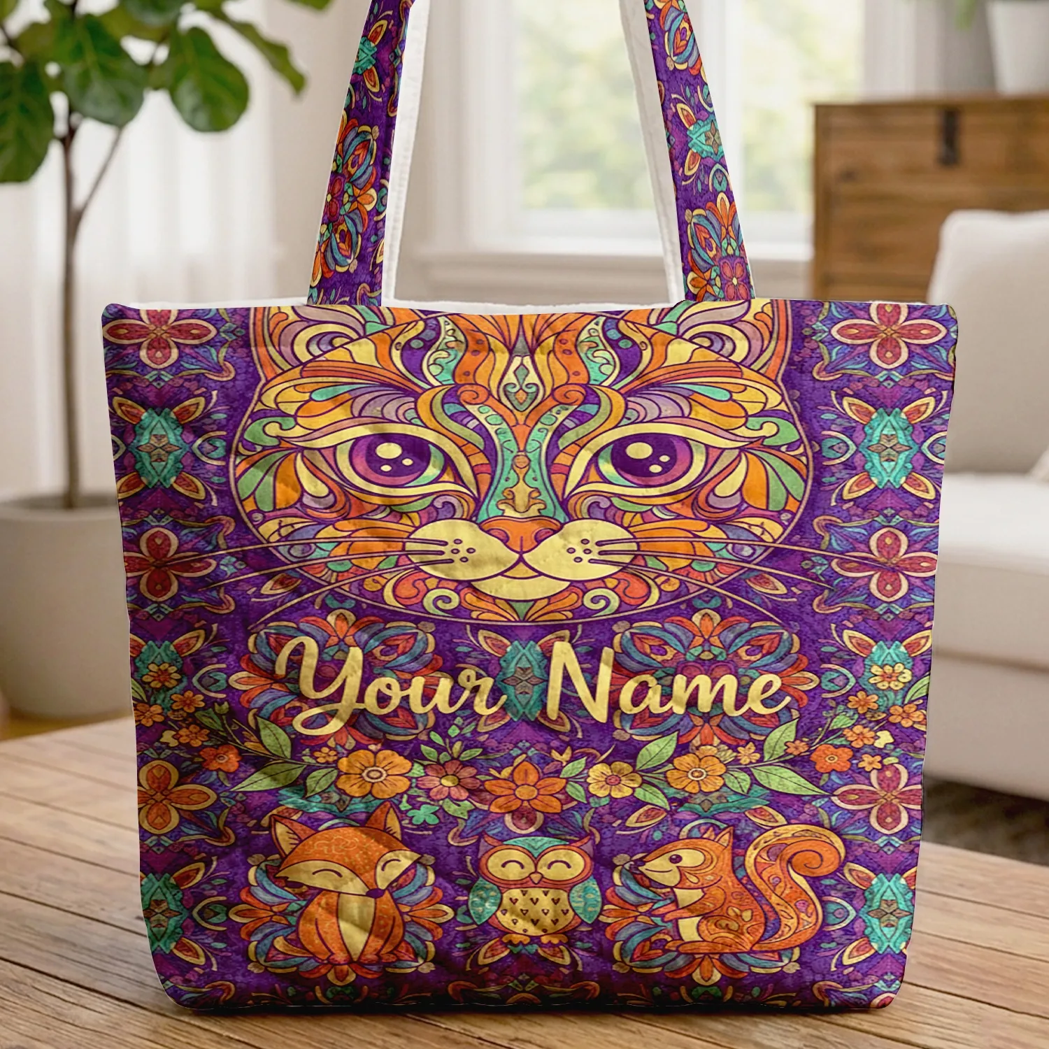 Cat Face Mandala Floral Wreath Leaf Garland - Cat Lover Everyday Lifestyle Home Gift Quilted Tote Bag - 1