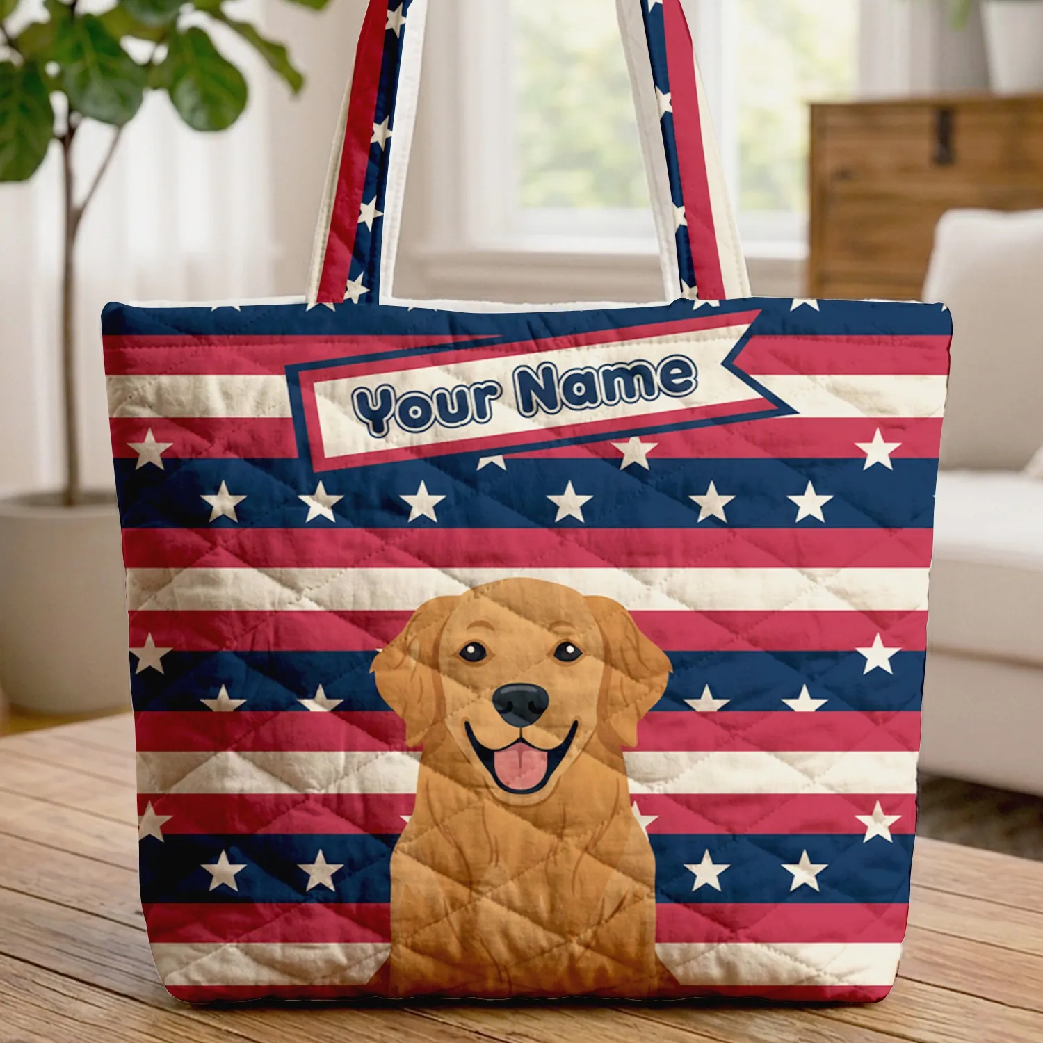 Golden Retriever American Flag Stars Stripes Name Pennant - Patriotic Dog Lover Gift Quilted Tote Bag - 1